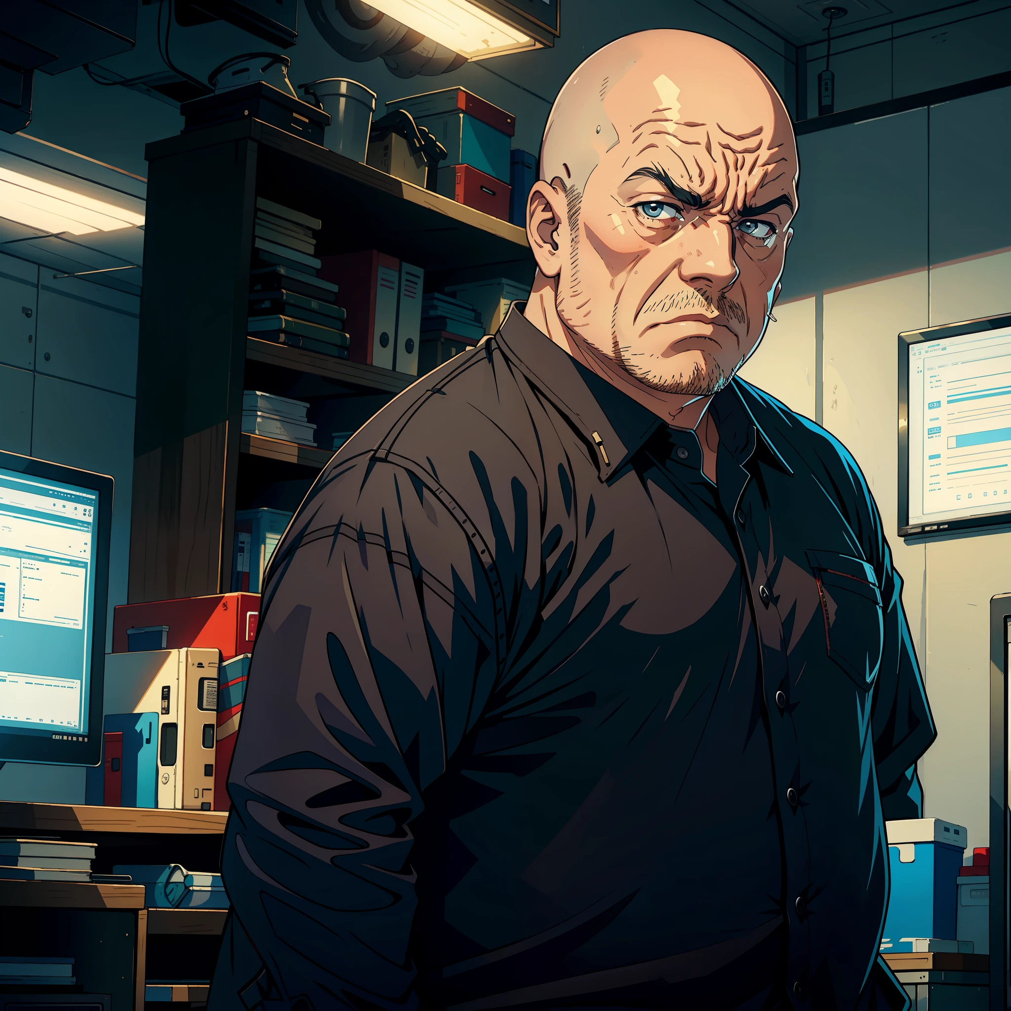 A fat middle-aged man with a bald head and a shirt with various patterns, angry, standing in the office