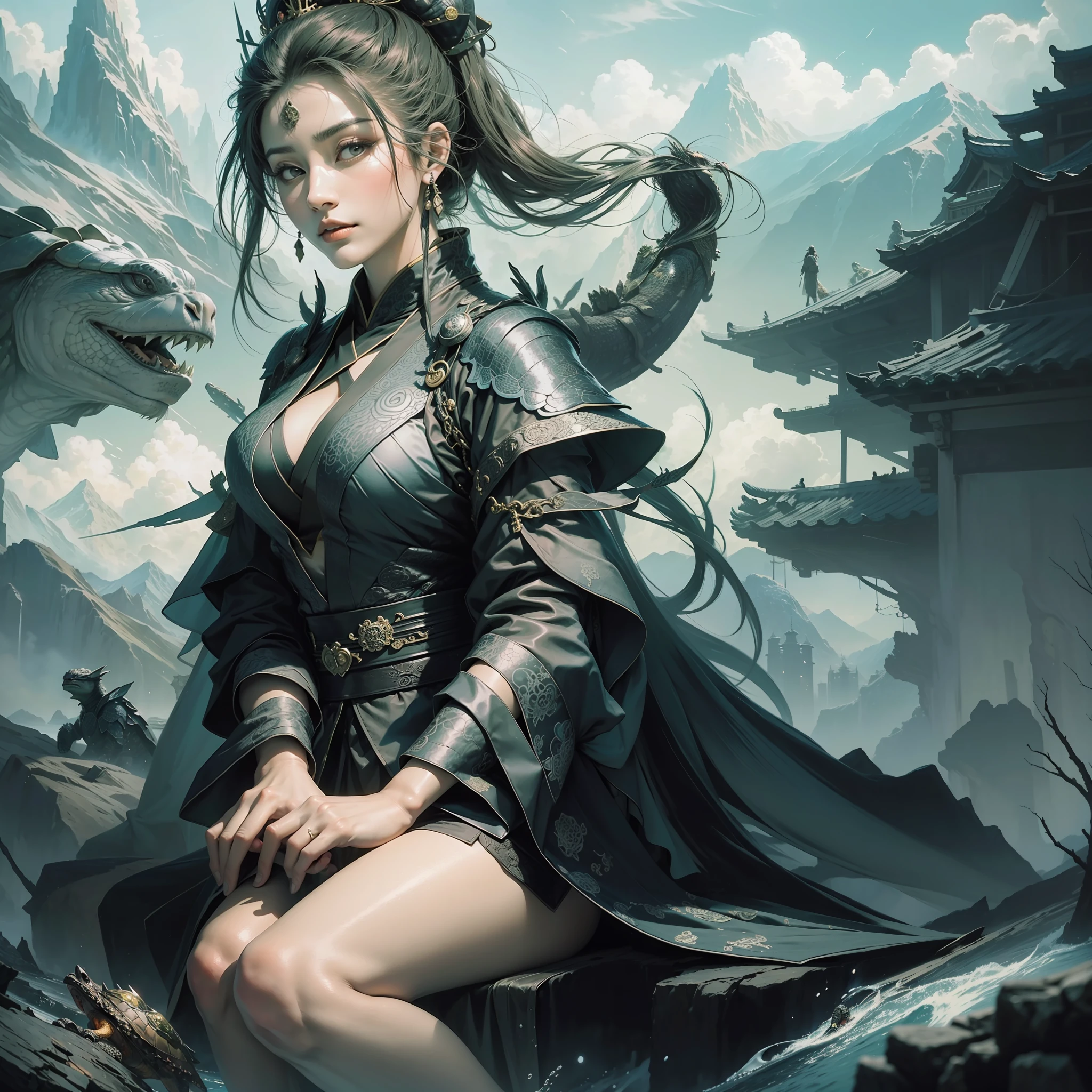 Chinese style, basalt fairy, dragon turtle, ((black giant turtle)), god, queen, gorgeous clothes, beautiful coat, clothes with tortoiseshell pattern, sitting on turtle back, (black robe), hanfu, lake, water, boulder, 32k --niji 5