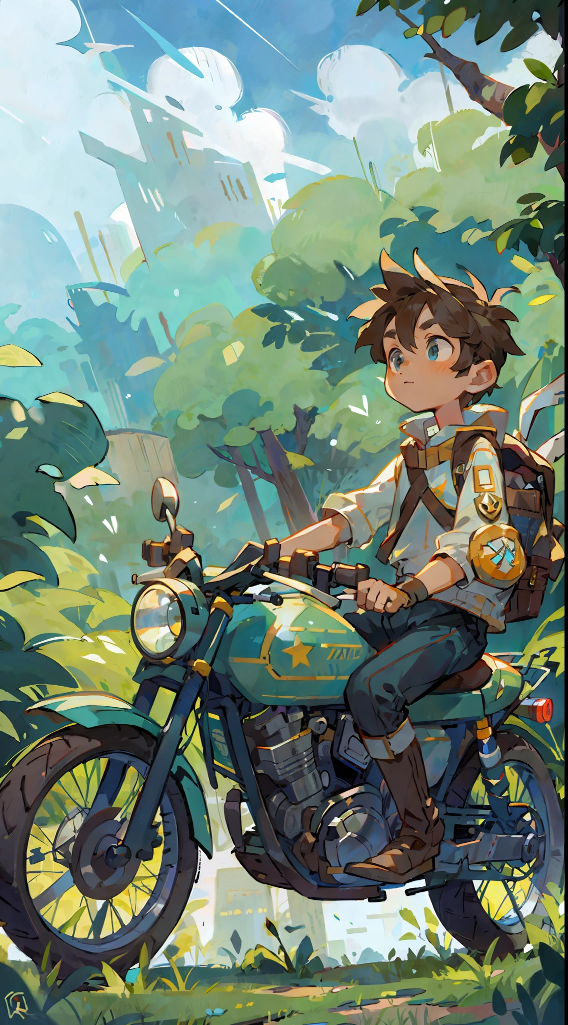 Prairie, a boy, riding a motorcycle, goggles, knight, night, Zelda dressed up, starry