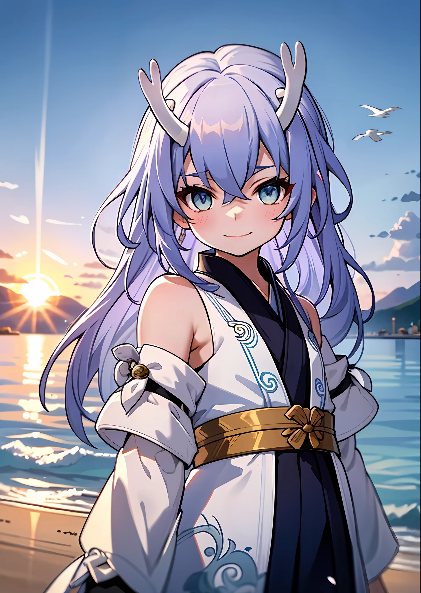 (Best Quality: 1.3), (Masterpiece: 1.3), (Illustration: 1.3), (Ultra Detail: 1.3), (Imid Shot: 0.9), 1girl, Solo, Very Young, Upper Body, Short Neck, Small Breast, Child, Dragon Tail, Girl, Blue Eyes, Jewel Eyes, Shut Up, Smile, Happy, Naughty Face, Water Element, Pavilion, Two Delicate White Dragon Horns on the Head, White and Blue Hanfu, Oriental Dragon, Little Dragon Man, Beach Seagull, Sunset and Solitary Crane Flying Together, Crossed Waist