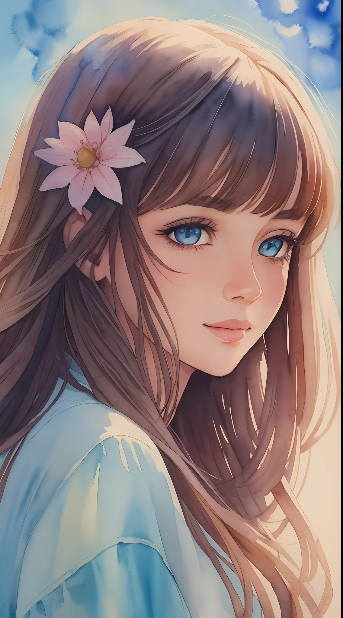 Watercolor Illustration,Most Beautiful Girl Serene Eyes, Slight Smile,Highest Quality 8k --auto --s2