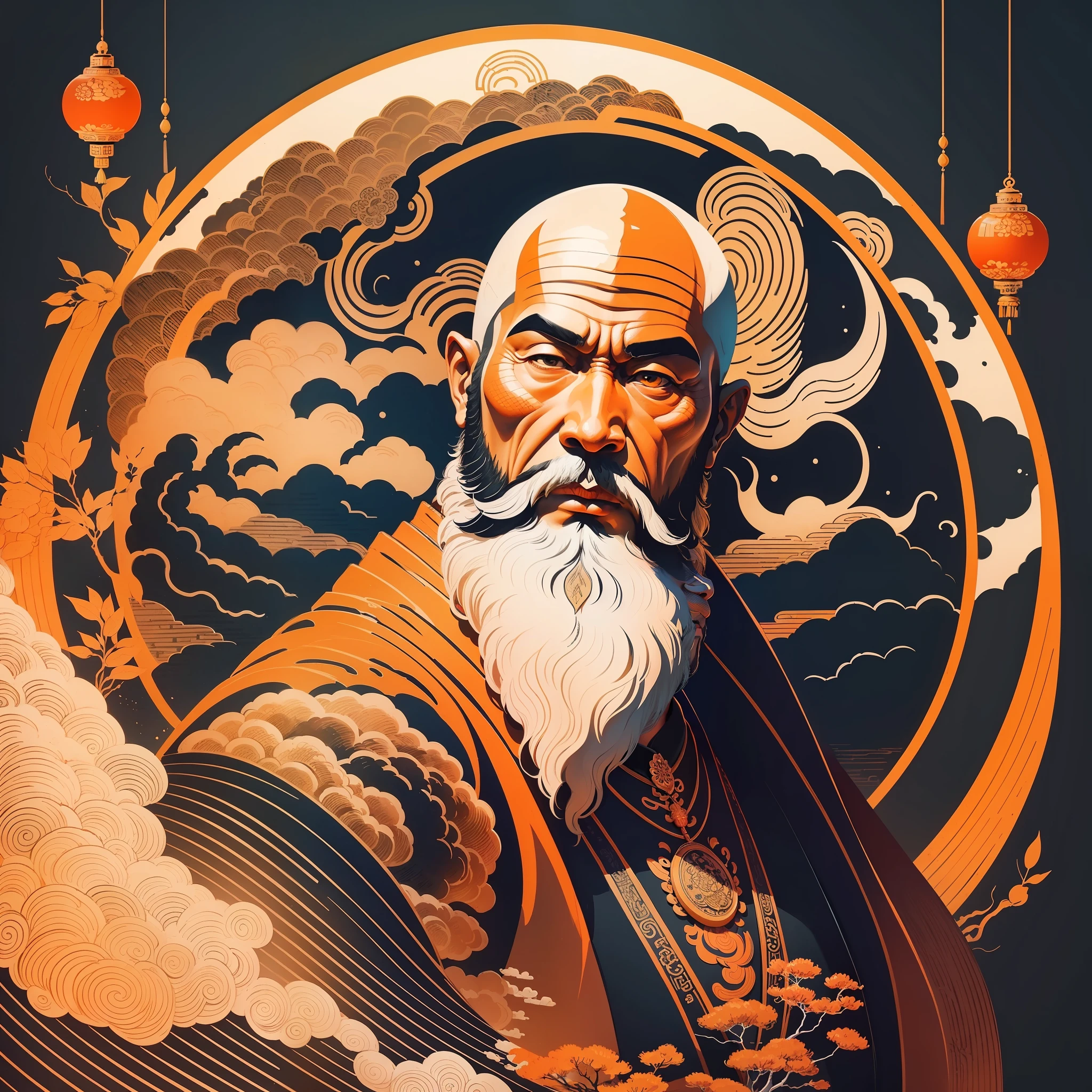 Masterpiece, best quality, (Chinese ink painting), (illustration), (landscape background), wise monk man, details, beard, bald, orange tones --auto --s2