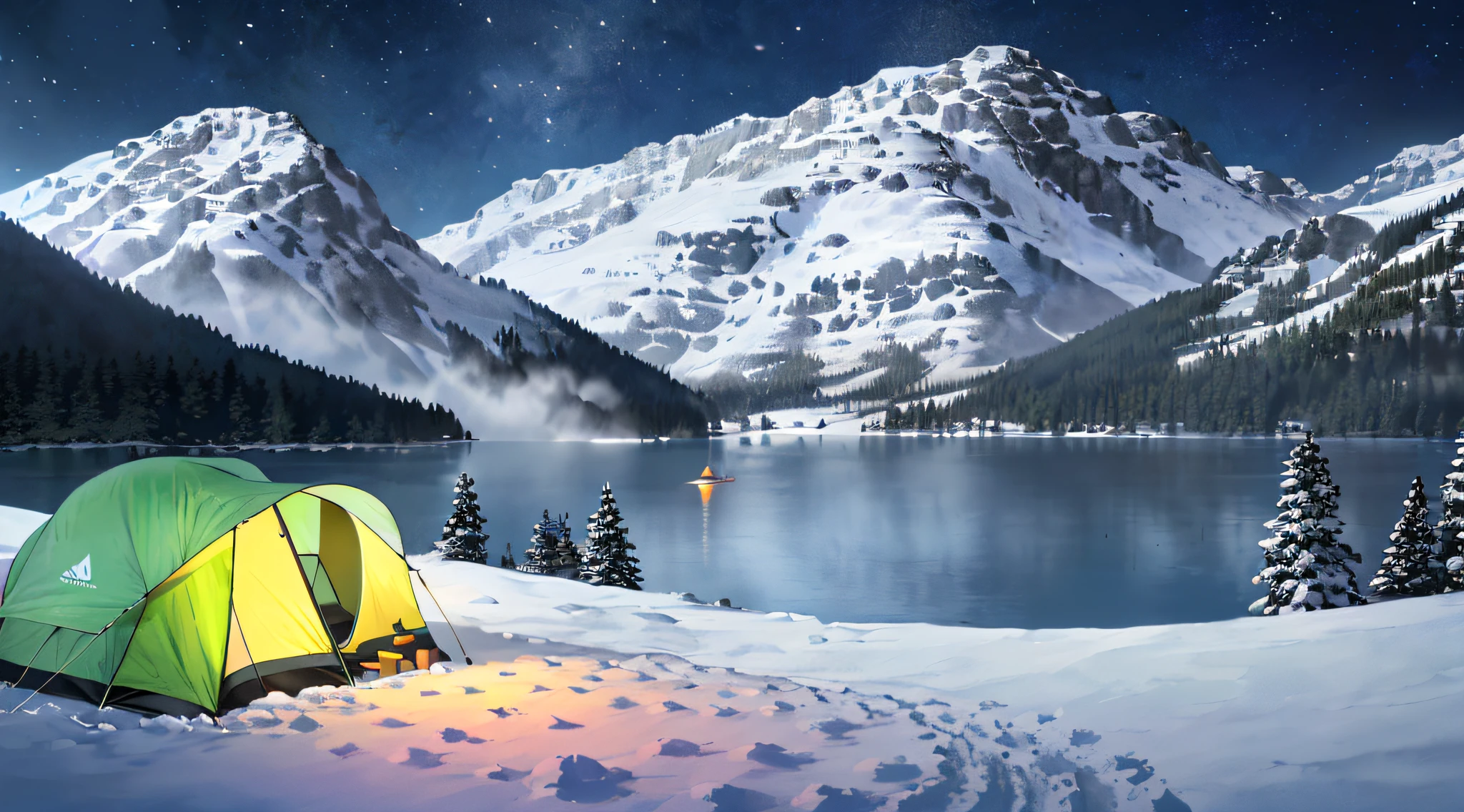 Night camping by lakeside caravan under the snow mountain (snow mountain: 1.0), (lake: 1.0), (RV: 1.0), (camping: 1.0), (campfire: 1.0), (woods: 1.0)