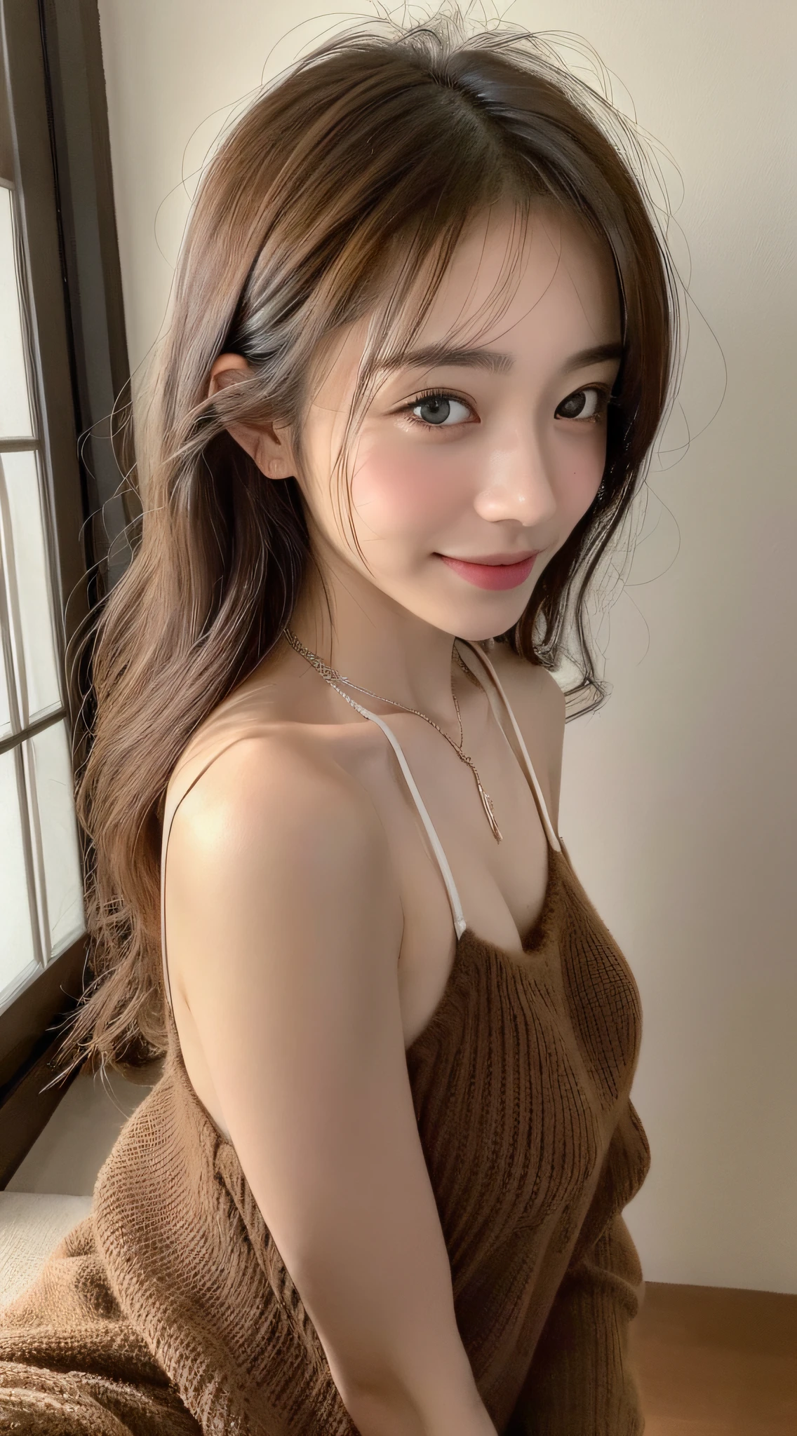 ((Night, Realistic Light, Best Quality, 8K, Masterpiece: 1.3)), 1 Girl, Slim Beauty: 1.4, Abs: 1.1, (Brown Hair, Small Breasts: 1.3), Long Black Sweater: 1.1, Room, Super Beautiful Face, Delicate Eyes, Double Eyelids, Smile, Necklace, Super Delicate Face, Love, Lover, Cute Japan Woman