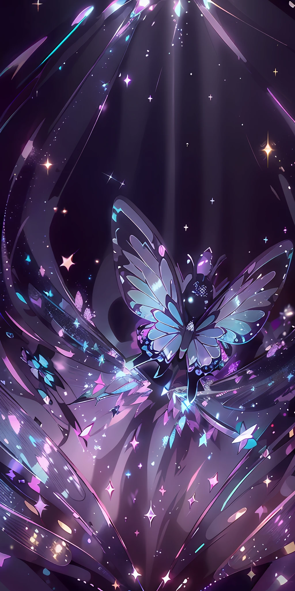 (Single), girly, beauty, dreamy background, sparkle, transparent iridescent PVC iridescent dress, night, transparent iridescent PVC small butterfly, dazzling, detail, light and shadow effects, high resolution, high quality, best picture quality, movie lighting, ice magic,