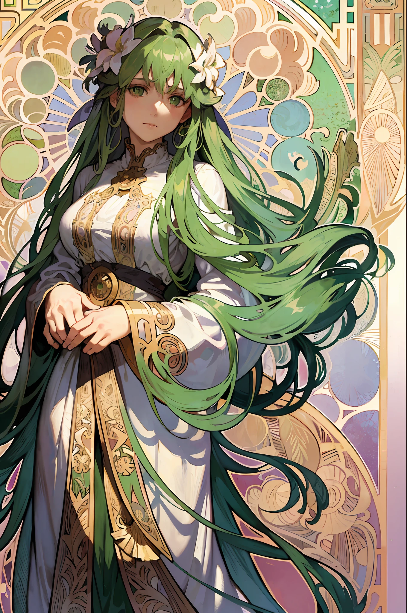 (Alphonse Mucha: 1.4), Facial portrait of European beauty, long hair, green hair flower decoration, (detail + intricate detail: 1.2), 4K, abstract art, line art, side face, colorful, Fibonacci, Mucha style