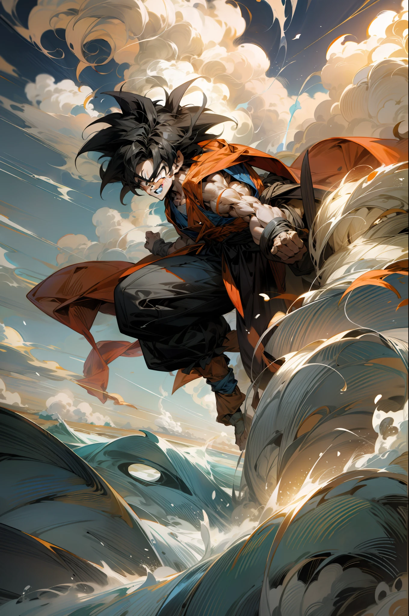 goku, ON THE WAVE OF THE BEACH, WITH BEAUTIFUL CLOUDS AS A BACKDROP