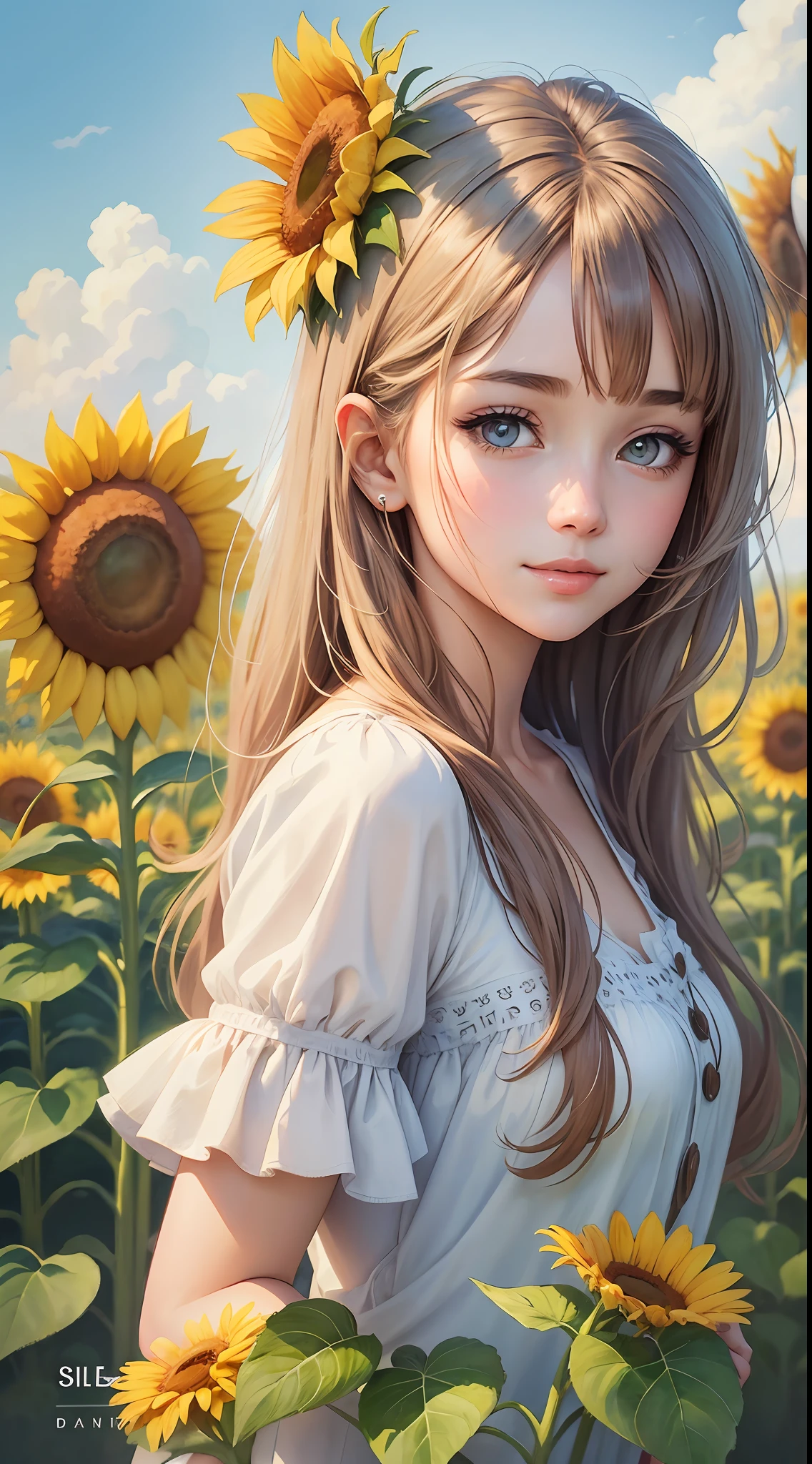 Watercolor Illustration,Most Beautiful Girl Serene Eyes, Slight Smile,Sunflower Field Background,Highest Quality 8k --auto --s2
