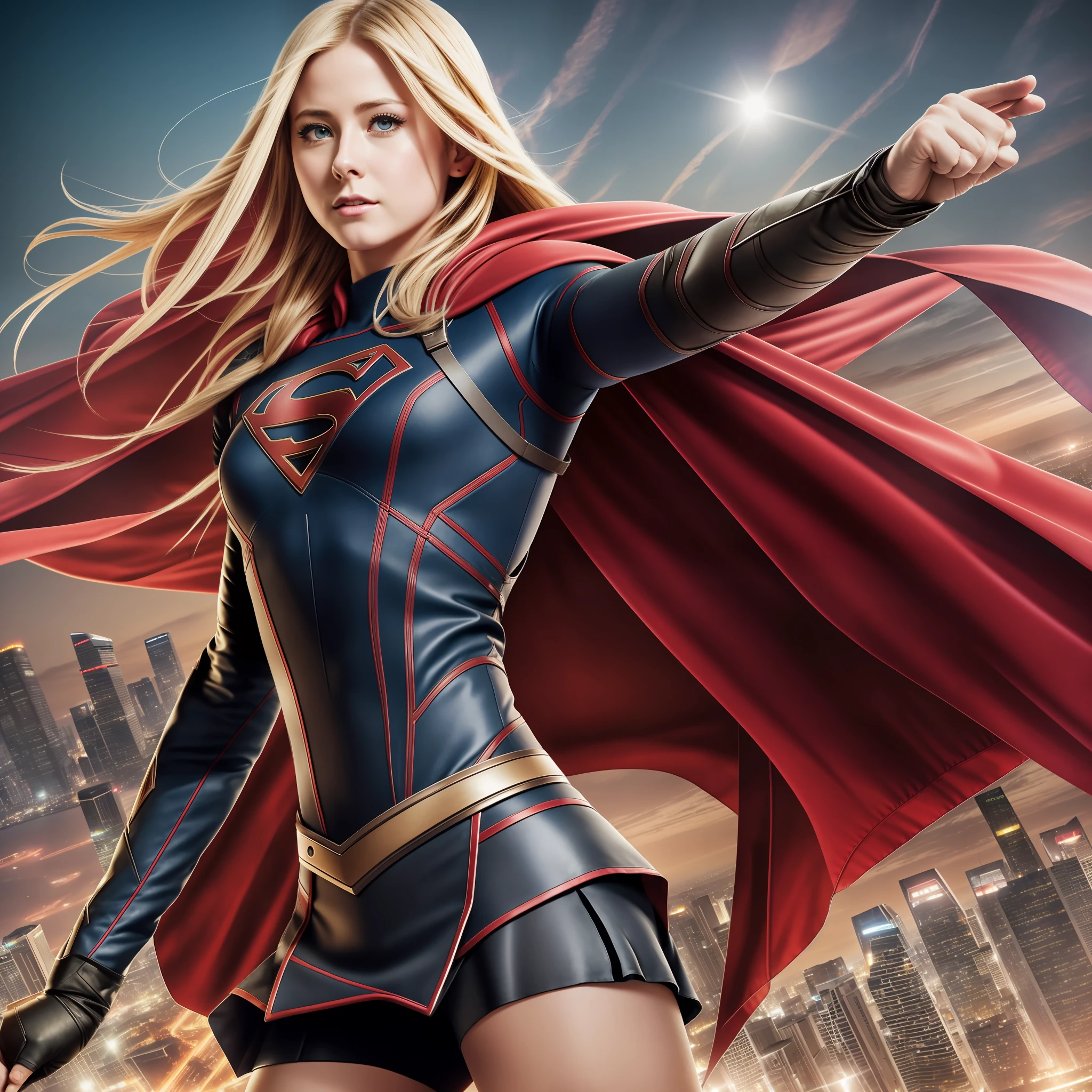 Avril Lavigne as a long-range photograph of Supergirl, (Fan Bingbing), still images, tights, miniskirt, fluttering cloak, (flying high above Matropolis), extremely high quality RAW photos, detailed backgrounds, intricacies, fine details and textures, very detailed, ultra-detailed photos, warm lights, artstation, 4k, clear focus, high resolution, detailed skin, detailed eyes, 8k uhd, dslr, high quality, film grain, Fujifilm XT3 --auto --s2