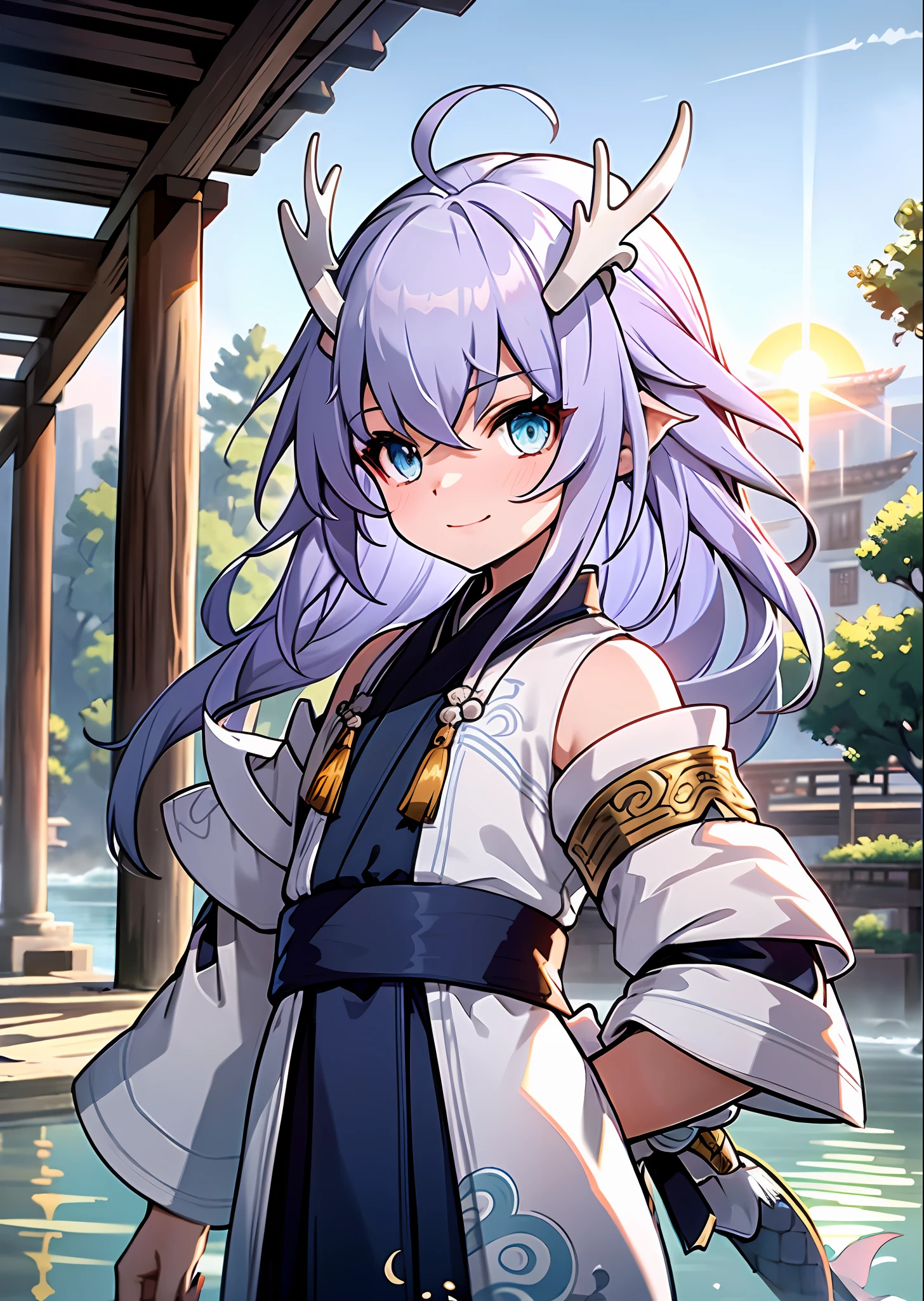 (Best Quality: 1.3), (Masterpiece: 1.3), (Illustration: 1.3), (Ultra Detail: 1.3), (Imid Shot: 0.9), 1girl, Solo, Very Young, Upper Body, Short Neck, Small Breast, Child, Dragon Tail, Girl, Blue Eyes, Jewel Eyes, Shut Up, Smile, Happy, Naughty Face, Water Element, Ancient Garden, Pavilion, Two Delicate White Dragon Horns on the Head, White and Blue Hanfu, Oriental Dragon, Little Dragon Man, Sunset and Solitary Crane Flying Together, Forked Waist
