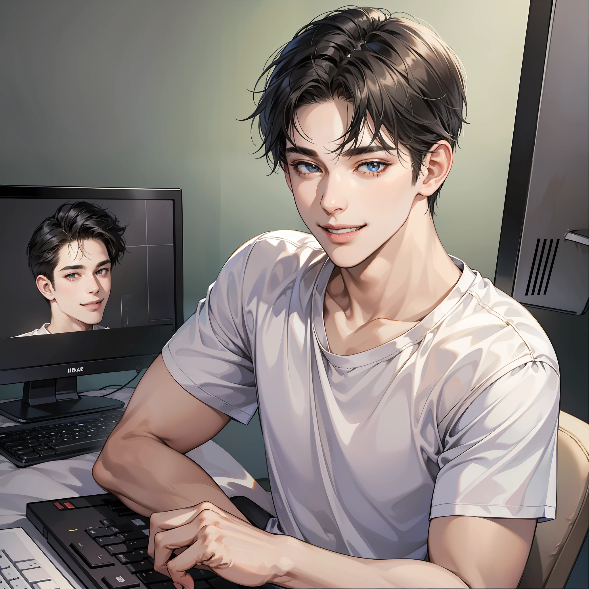 Masterpiece, high quality, best quality, HD, realistic, perfect lighting, detailed face, detailed body, 1 man, short black hair, white t-shirt, (smile emoji: 1.5) (face smile: 1.5), wave goodbye, sitting, computer monitor
