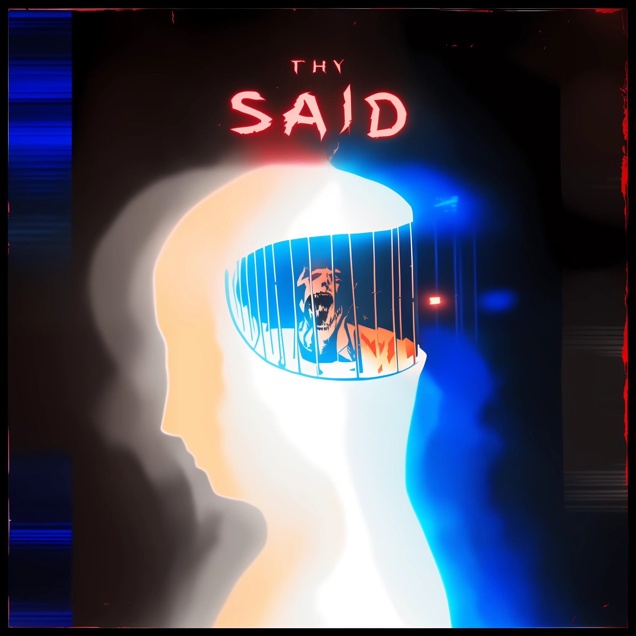 there's a poster of a man in a cage with a demon screaming, sad, the (empty, are, by Shaddy Safadi, cover art, official fanart, official poster, the bad, cover of a new video game, saw, I said, promotional poster, intricate heterochromatic sad, the void, , 😭🤮 💔 paid art