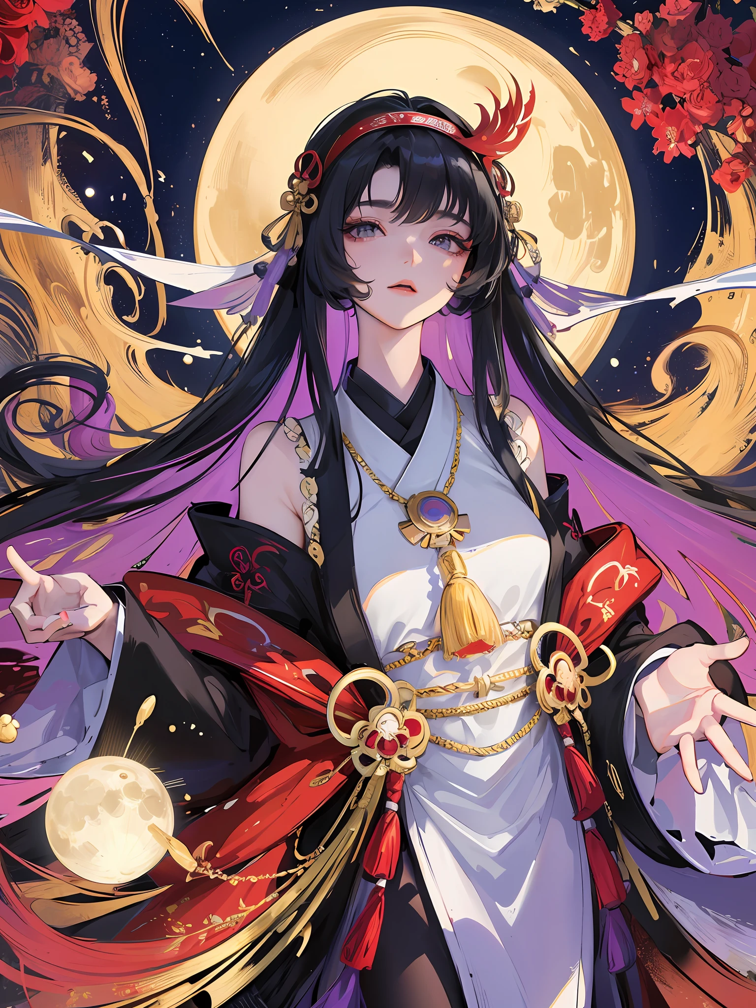 Tsukiyomi, the deification of the moon, one of the three noble sons of Japan, son of Izanagi, god in charge of the night, moon god, ruling the country of night, male or female, (pseudonym), purple feather, perfect flesh, jaw-dropping, captivating visual enjoyment, facing the camera, ((best quality), ((masterpiece)), maximum definition, 8K wallpaper, official art, multi-layered texture , super detailed, illustration, (super detailed face), (perfect face), clear texture, fine texture, Ultra HD detail display, Excellent image performance, high-quality illustrations, perfectly fitting and harmonious tones, deep lines, precise brush strokes, with a strong sense of three-dimensionality and delicate wear, wonderful color matching, intricate details