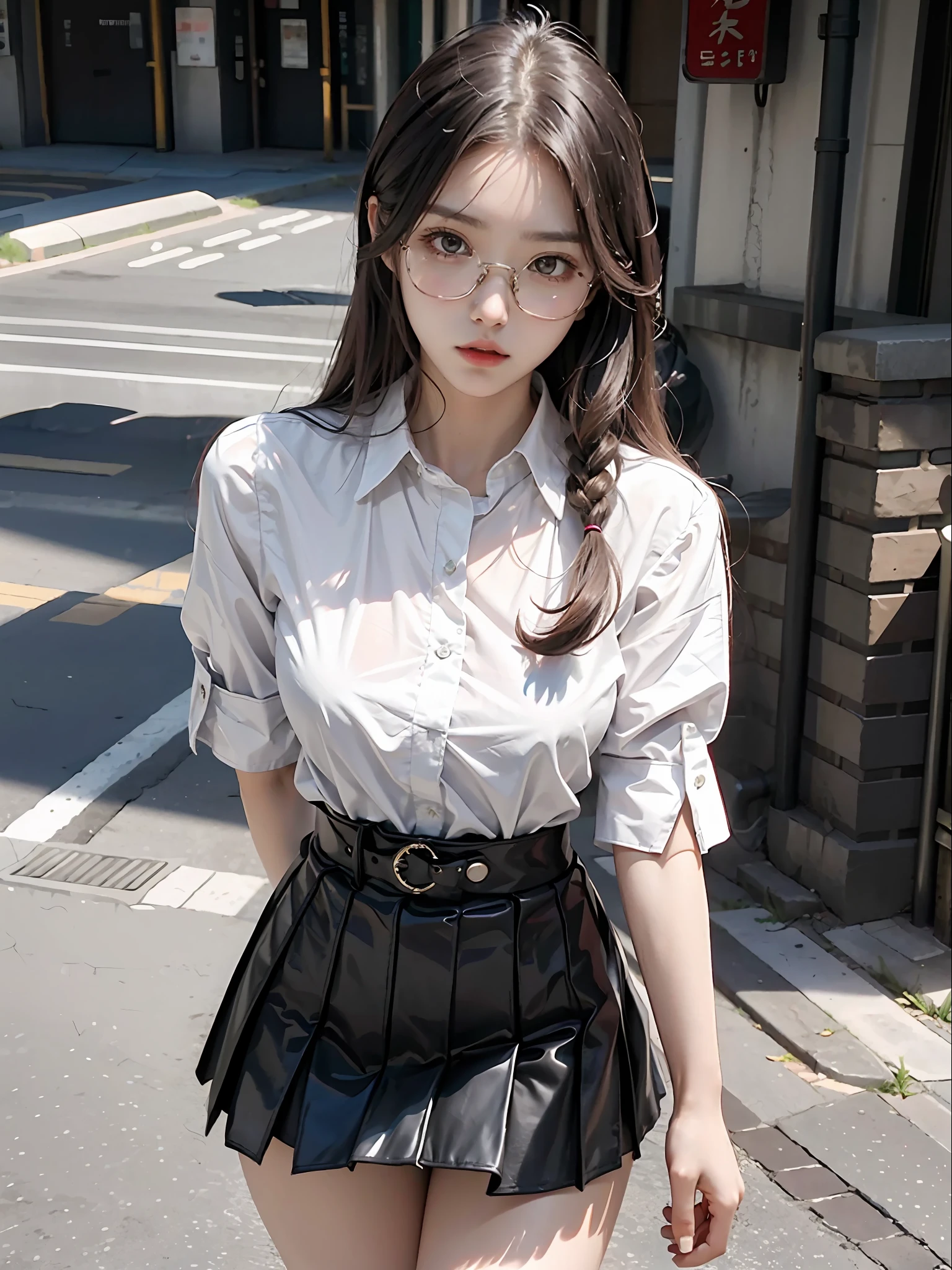 Kazeki Sasaki Girl Wen Jing wearing glasses Flat face Fair skin White shirt Short skirt Bust bust Street scene Posture bent over sexy