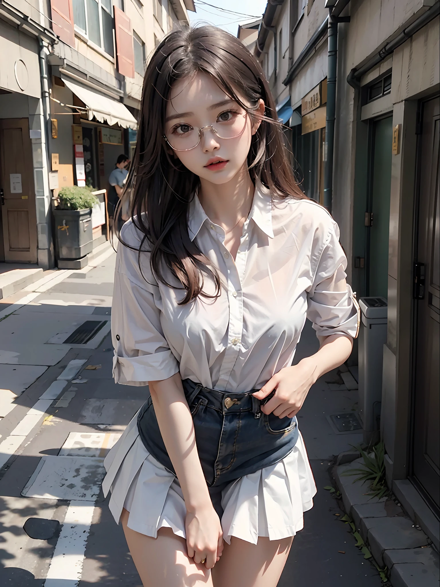 Kazeki Sasaki Girl Wen Jing wearing glasses Flat face Fair skin White shirt Short skirt Bust bust Street scene Posture bent over sexy