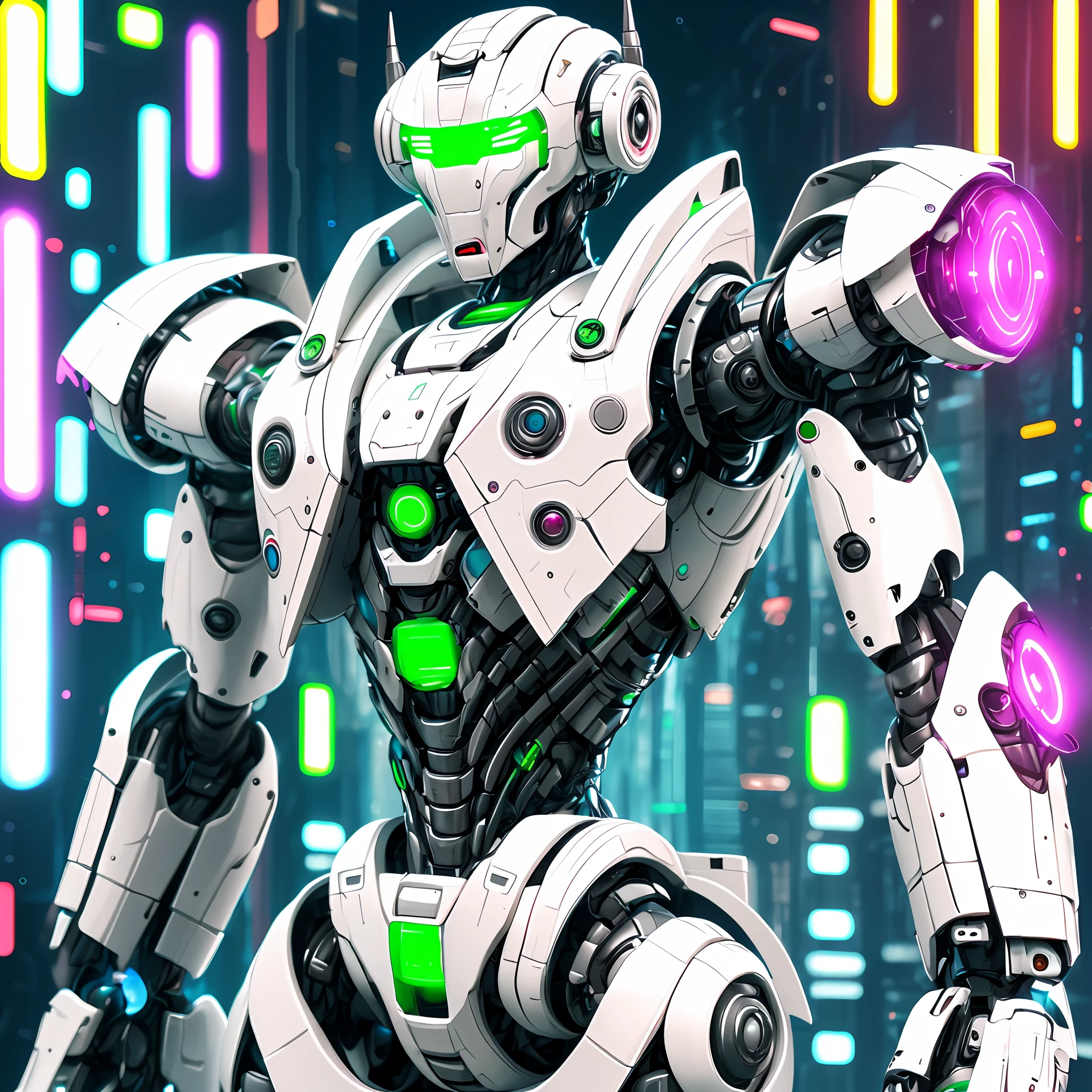 Super Taurus Realistic 3D robot, intelligent mascot, White robot with led details and eyes all green, futuristic,with a neon green ring around it, Cybertronic robot, futuristic robot, friendly humanoid cybernetic robot, white robot, elegant robot, integrated synthetic android, humanoid character, cybernetic universe style, cybertronic, concept robot, cute robot character design, scifi character, cyberpunk robot, cybernetic armor
