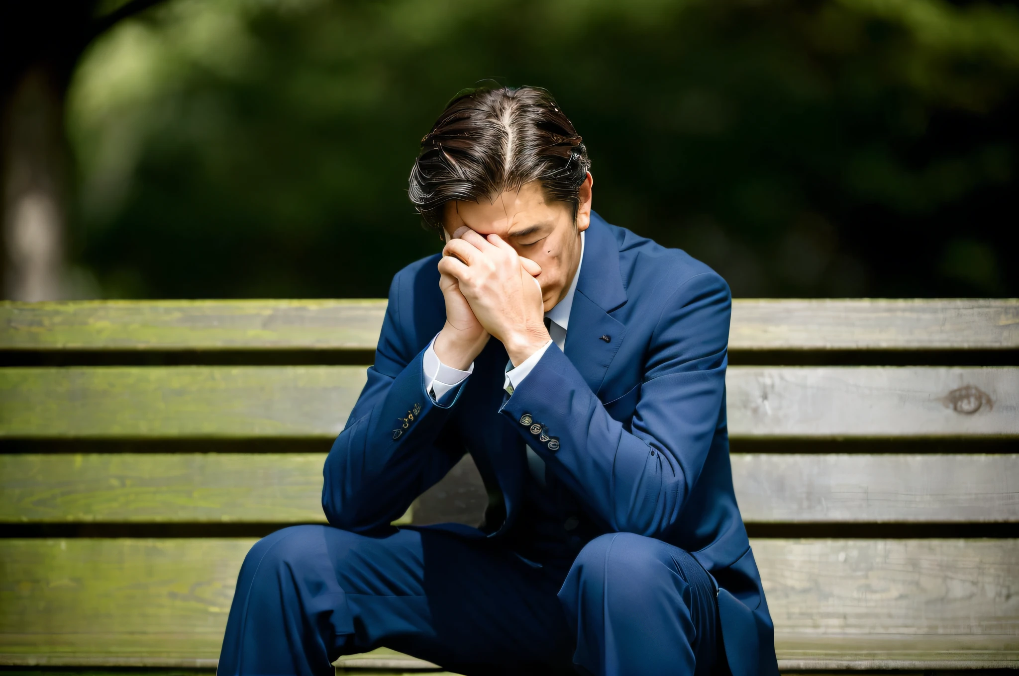 ((Best Quality)), ((Masterpiece)), (Details: 1.4), ((Sad Man)), ((Very Sad)), ((Struggling)), ((Disappointment)), ((Lost Thought)), ((Worried)), ((Profile Picture)), ((Worn-Out Suit)), ((Young Japan)), ((À la Fed)), ((sitting on a bench)), (ja:1.2)