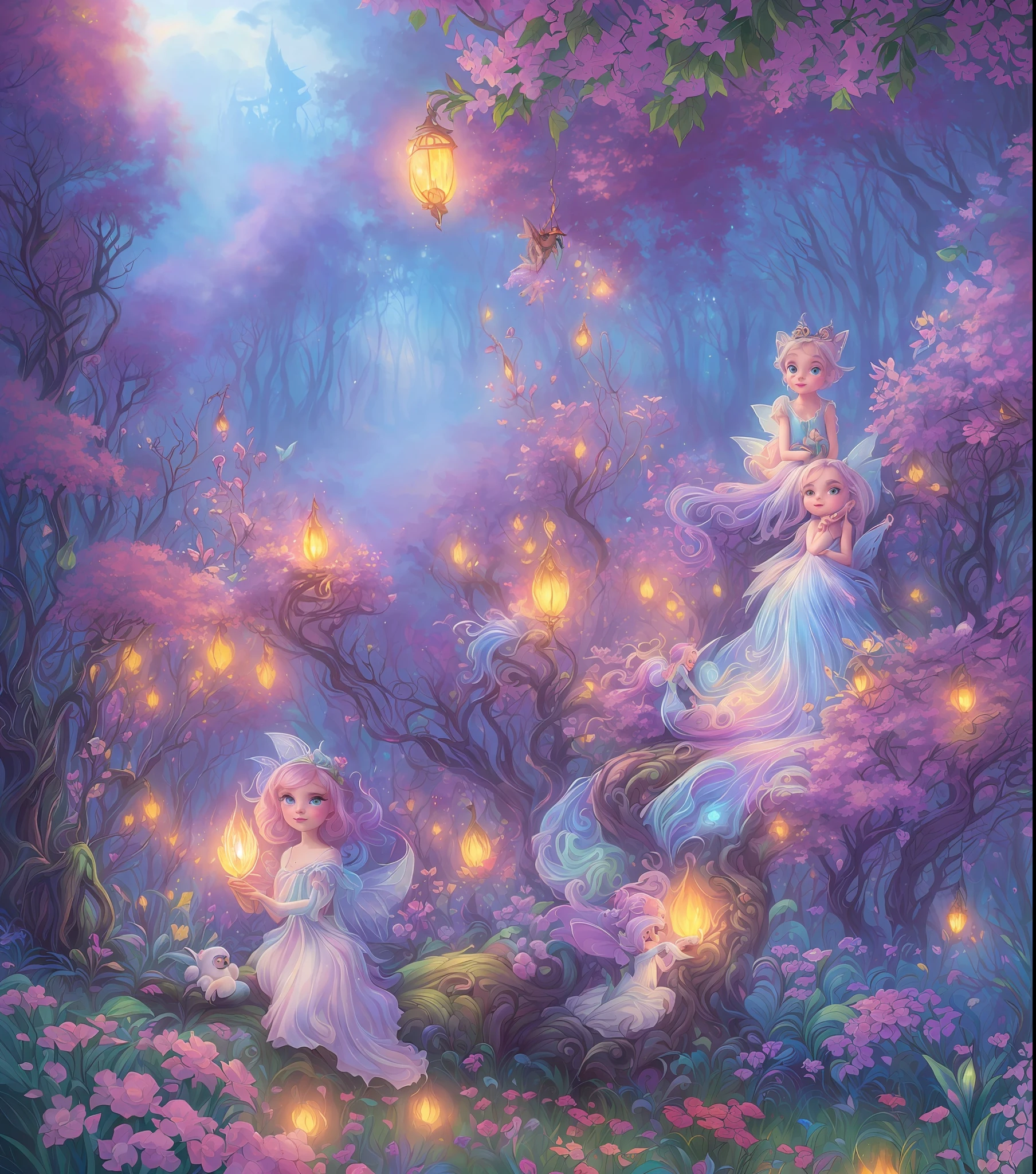 witch, super cute fairy with big bright eyes friend with mythical creature, beast, fluffy, gradient color ((best quality)), digital painting, dreamlike, intricate details, sharp focus, trending on artstation, art by lois van baarle and loish and ross tran and rossdraws and sam yang and samis arts and artgerm, fairy tales, pixar, disney, dreamworks style, surrounded by magical fairies in a dreamlike forest, rendered in intricate detail in a digital painting with sharp focus, inspired by fairy tales and animated movies from pixar, Disney, and dreamworks, and created by the talented artists lois van baarle, Loish, Ross Tran, Rossdraws, sam yang, samis arts, and artgerm, Trending on Artstation, this artwork is sure to capture hearts with its delightful charm, (Chibi:1,3)