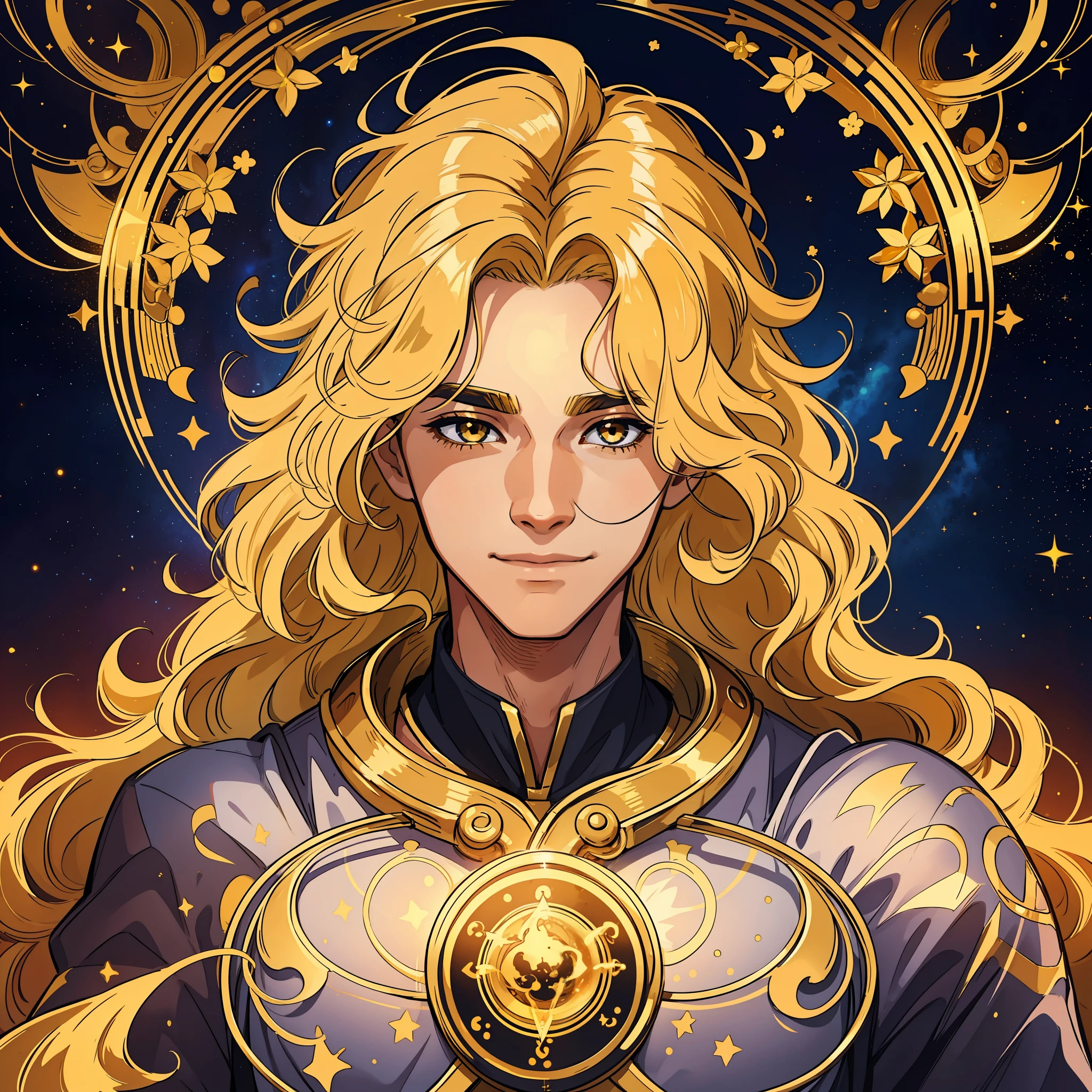 Create a man with unique characteristics, inspired by the sign of Leo and the cosmological stars An artistic representation of the essence of this sign, with striking features and a mysterious aura, leave in evidence golden traces of gold and golden lights, yellowish hair like gold and a confident smile Make clear the pride of the sign of Leo in its essence with a long curly and voluminous hair as a representation of the mane