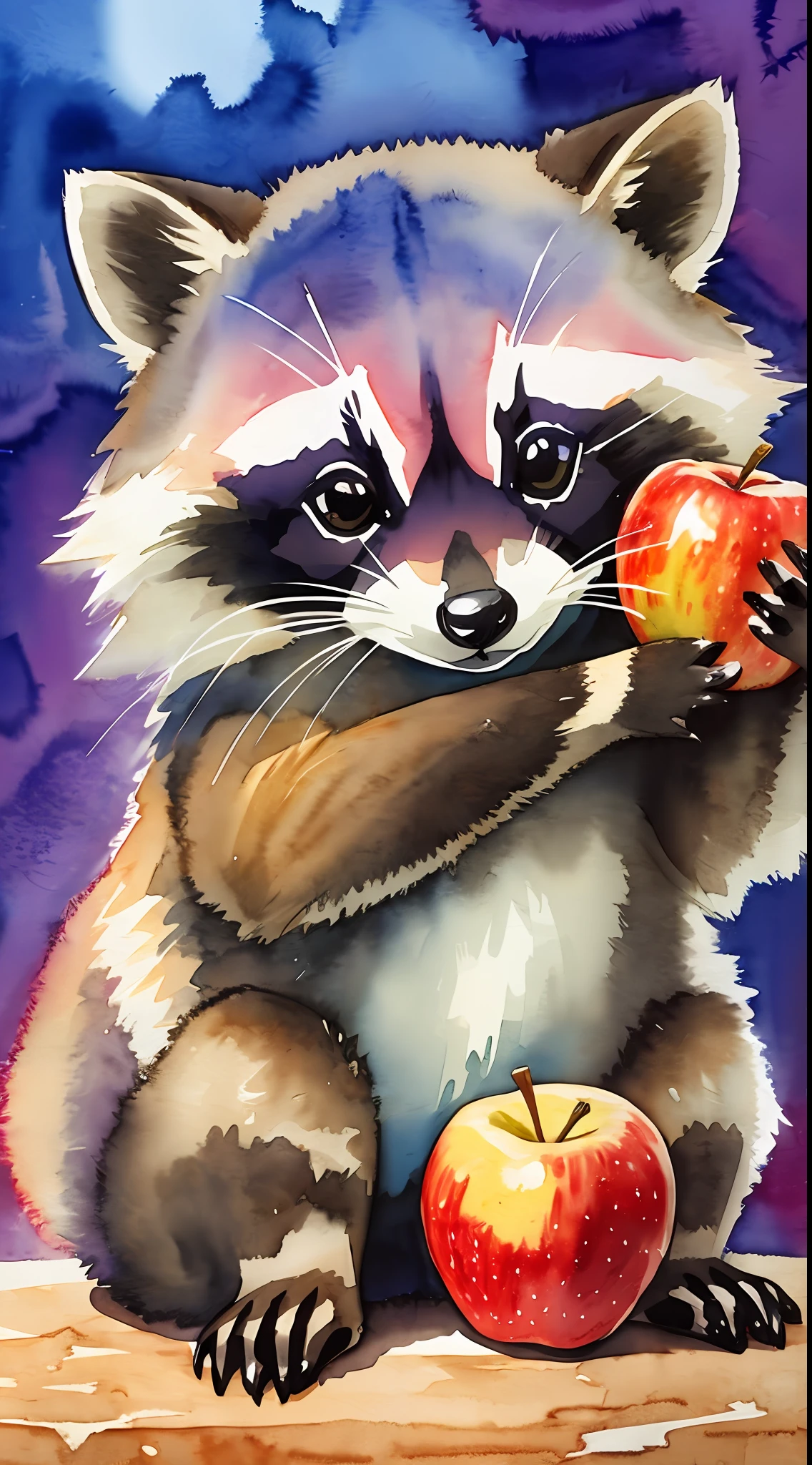 Illustration Watercolors, raccoon, grabbing an apple, slight smile, highest quality 8k --auto --s2