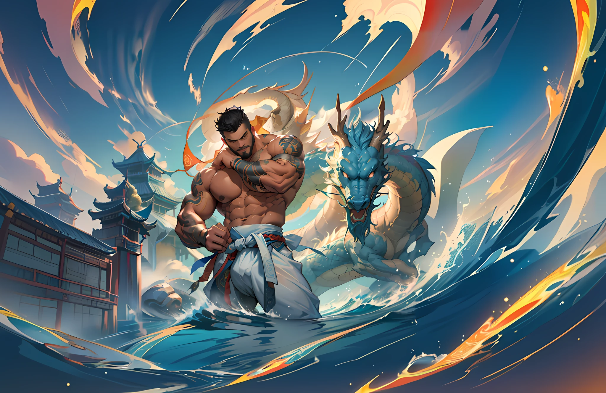 Official Art, Unified 8K Wallpapers, Ultra Detailed, Beautiful and Aesthetic, Masterpiece, Best Quality, (Zentangle, Tangle, Entangle), (fractal art: 1.4), 1boy, stocky bara, ((stocky burly)),plump, crew cut , (short hair:1.4), male focus,bara,muscular male,muscular,commission for high res,musclebound and hulking,gigachad muscular,muscular! fantasy,bursting with muscles,muscular characters,big muscles, black hair, Chinese, bare arms,very detailed, dynamic angle, cowboyshot, (most beautiful form chaos), flowing, (bright colors), oc, (half: 1.2), China, (thangka flying sky: 1.5), (ribbon: 1.3), (dream: 1.5), (hanfu: 1.5), Chinese dragon, (smile: 0.5), (Chinese deity),magic circle, bubble,on water,reflected mirror,rainbow light, Bubble Swirling, wind Swirling, Aurora, fantasy scenery,depth of field,beard,(chinese:1.2),(traditional:1.2),(hanfu),(culturalheritage),(elegant),(graceful),(flowing),(ornate),(embroidery),(vibrantcolors),(ancient:1.5), (barearm:1.4)