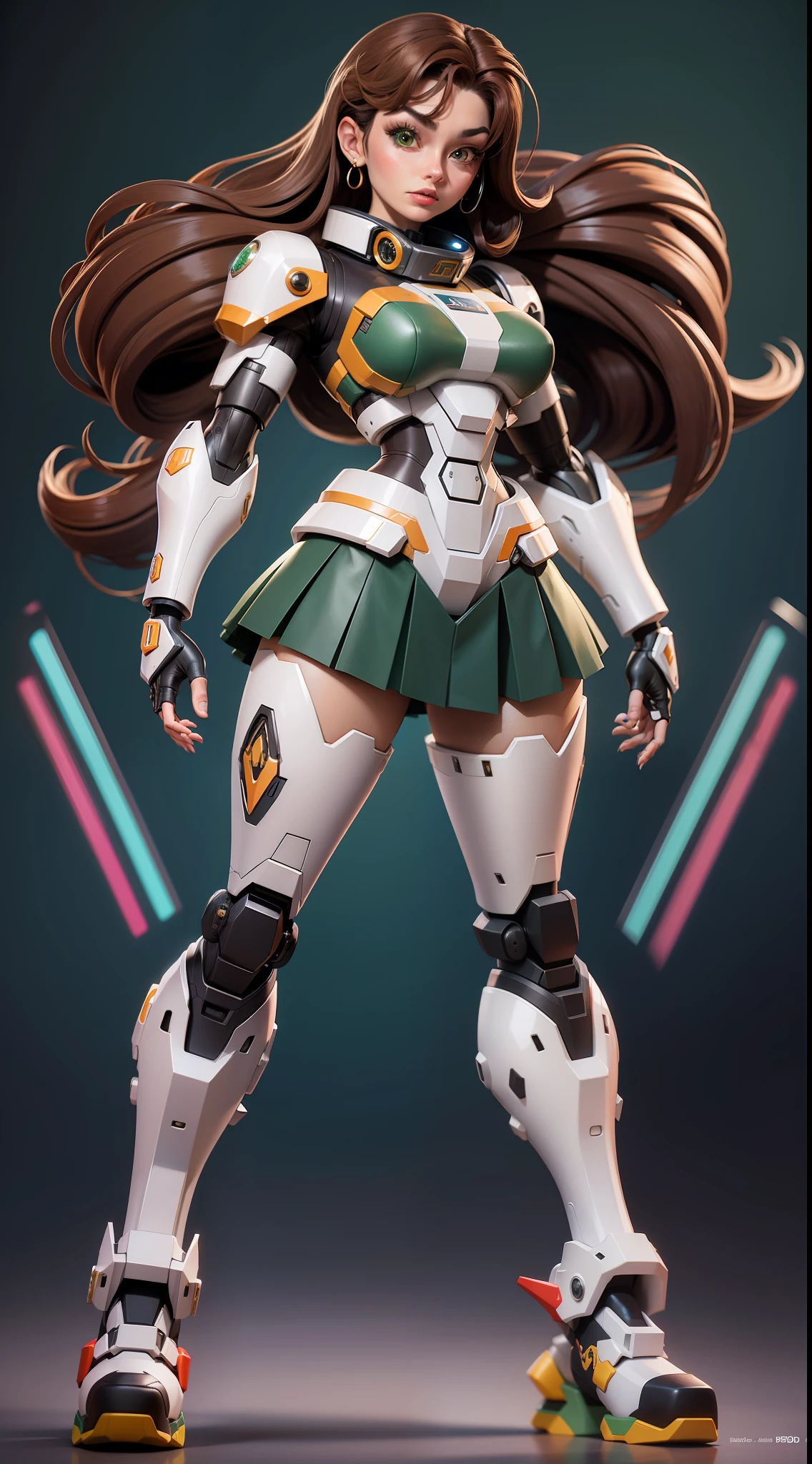mj3d style,3dmm,3d, Photo of a nerdy woman standing infront of an exceptionally large heavy mecha in the background. super_mecha in the background, (22 years old woman), medium breast, small waist, brown hair, green eyes, perfect illumination, beautiful detailed, full body, pleated skirt, long boots, blurry. super_mecha,