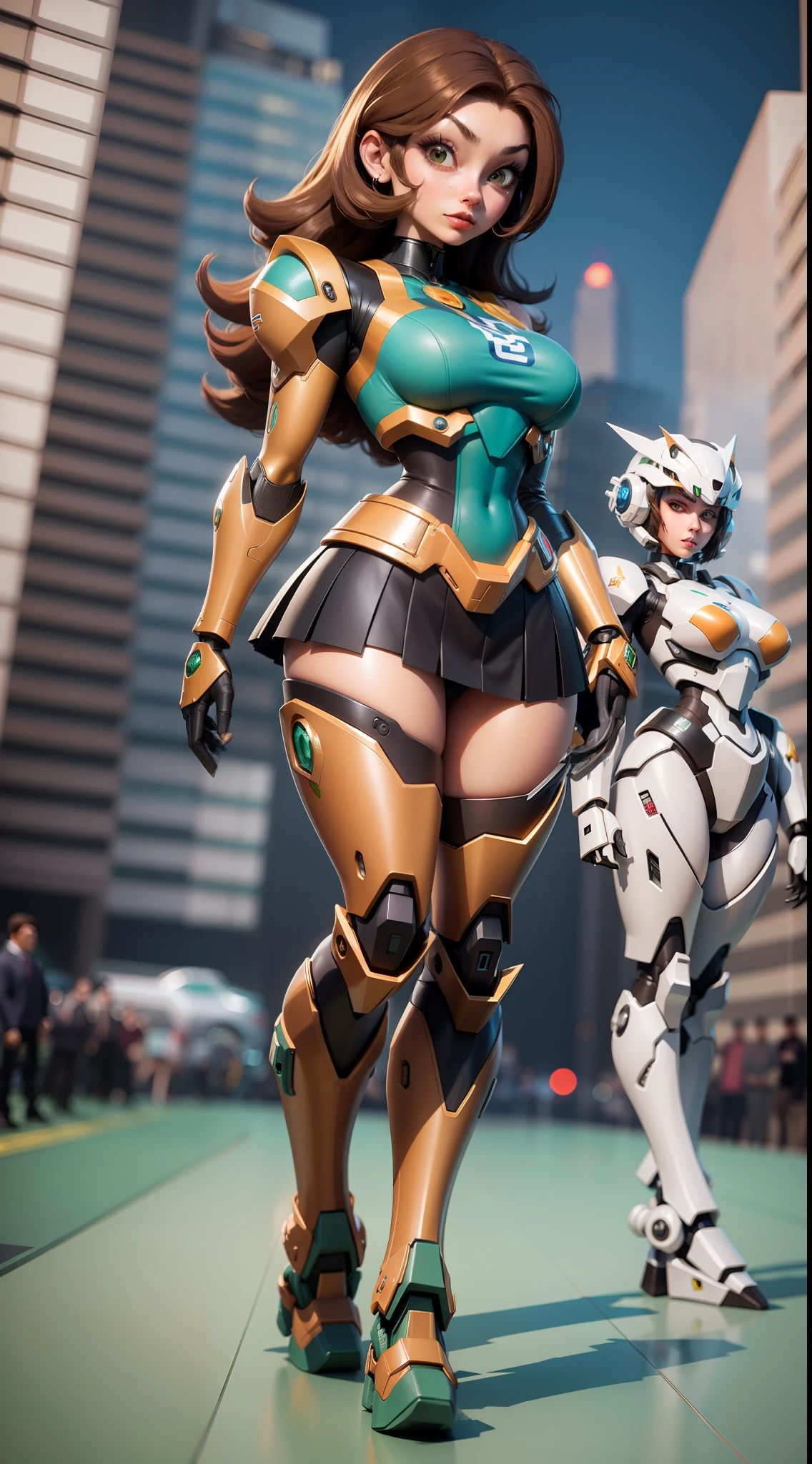 mj3d style,3dmm,3d, Photo of a nerdy woman standing infront of an exceptionally large heavy mecha in the background. super_mecha in the background, (22 years old woman), medium breast, small waist, brown hair, green eyes, perfect illumination, beautiful detailed, full body, pleated skirt, long boots, blurry. super_mecha,