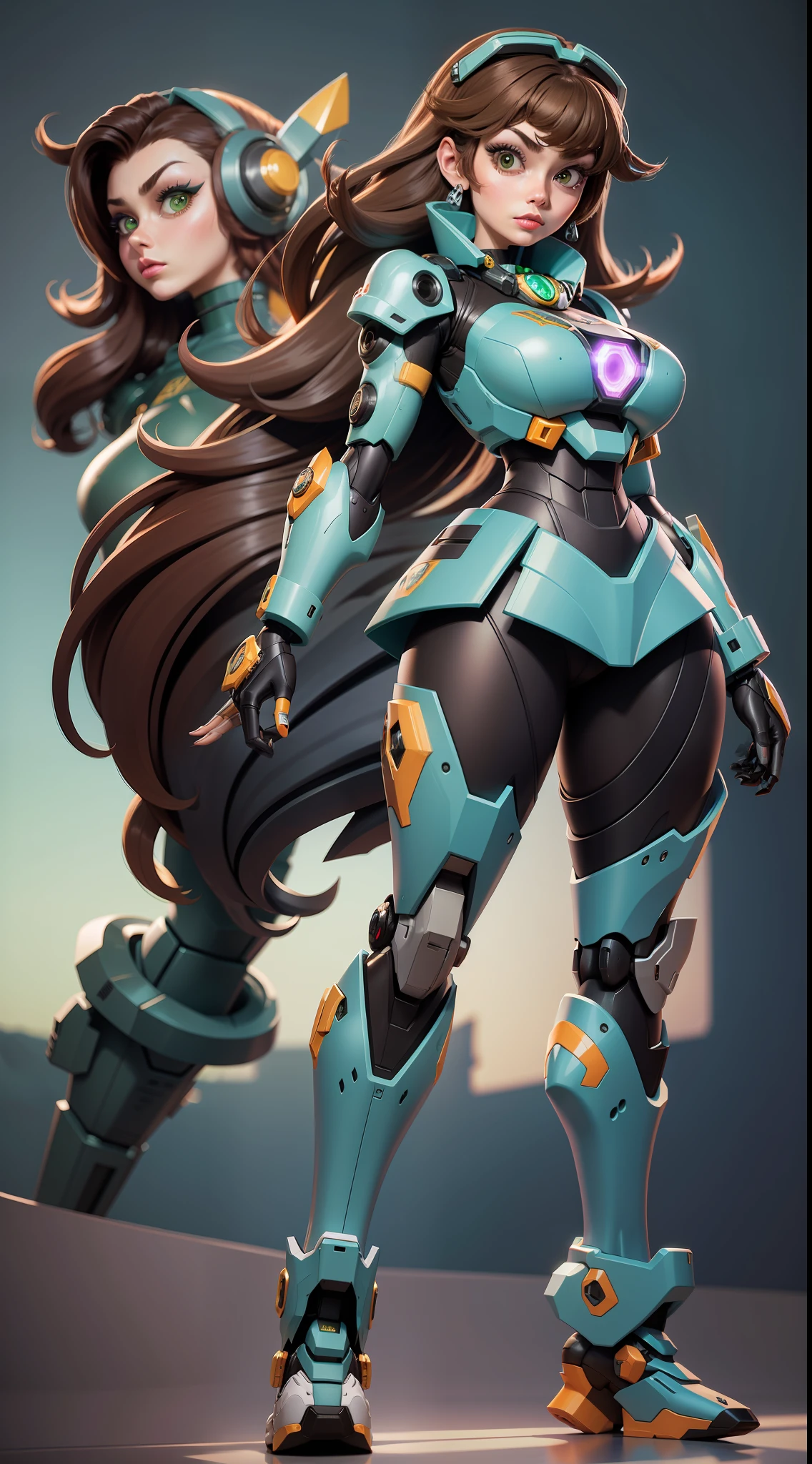 mj3d style,3dmm,3d, Photo of a nerdy woman standing infront of an exceptionally large heavy mecha in the background. super_mecha in the background, (22 years old woman), medium breast, small waist, brown hair, green eyes, perfect illumination, beautiful detailed, full body, pleated skirt, long boots, blurry. super_mecha,