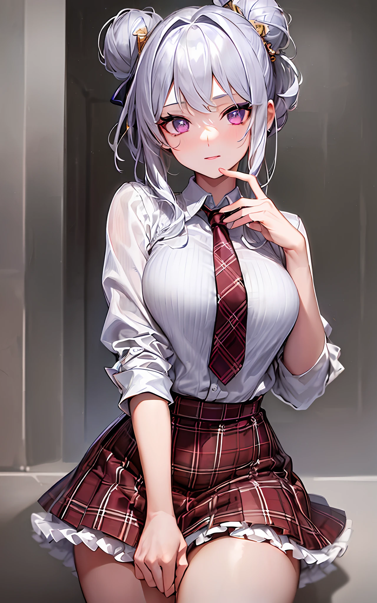 (8k, top quality, masterpiece: 1.2), ultra detailed, ultra high resolution, one girl, beautiful detailed face, silver and gold hair, messy bun, purple eyes, constriction, (slim waist: 1.3), shirt, beautiful detailed skin, skin texture, white shirt, red plaid tie, red plaid panel skirt, (from below:1.2), from front,
