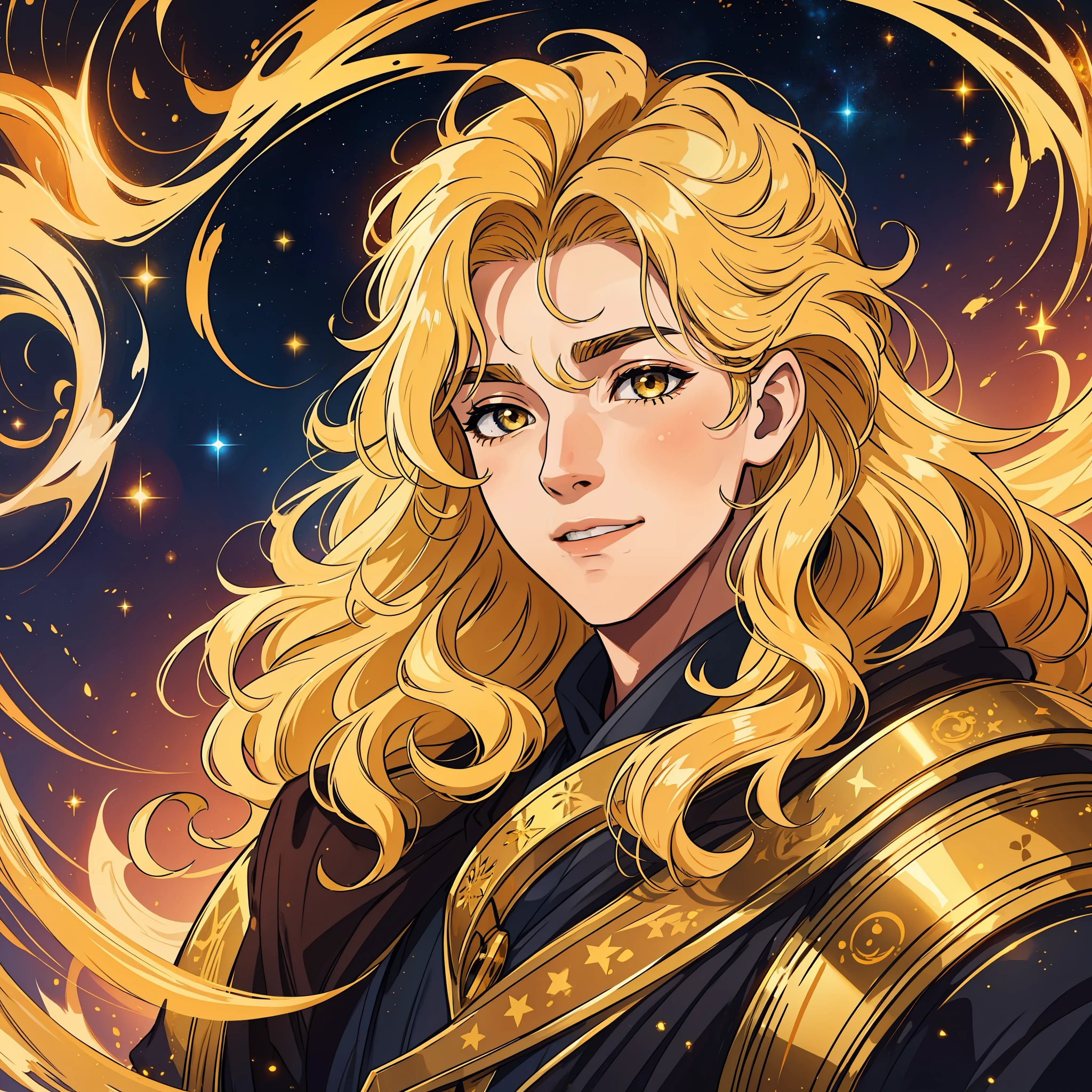 Create a man with unique characteristics, inspired by the sign of Leo and the cosmological stars An artistic representation of the essence of this sign, with striking features and a mysterious aura, leave in evidence golden traces of gold and golden lights, yellowish hair like gold and a confident smile Make clear the pride of the sign of Leo in its essence with a long curly and voluminous hair as a representation of the mane