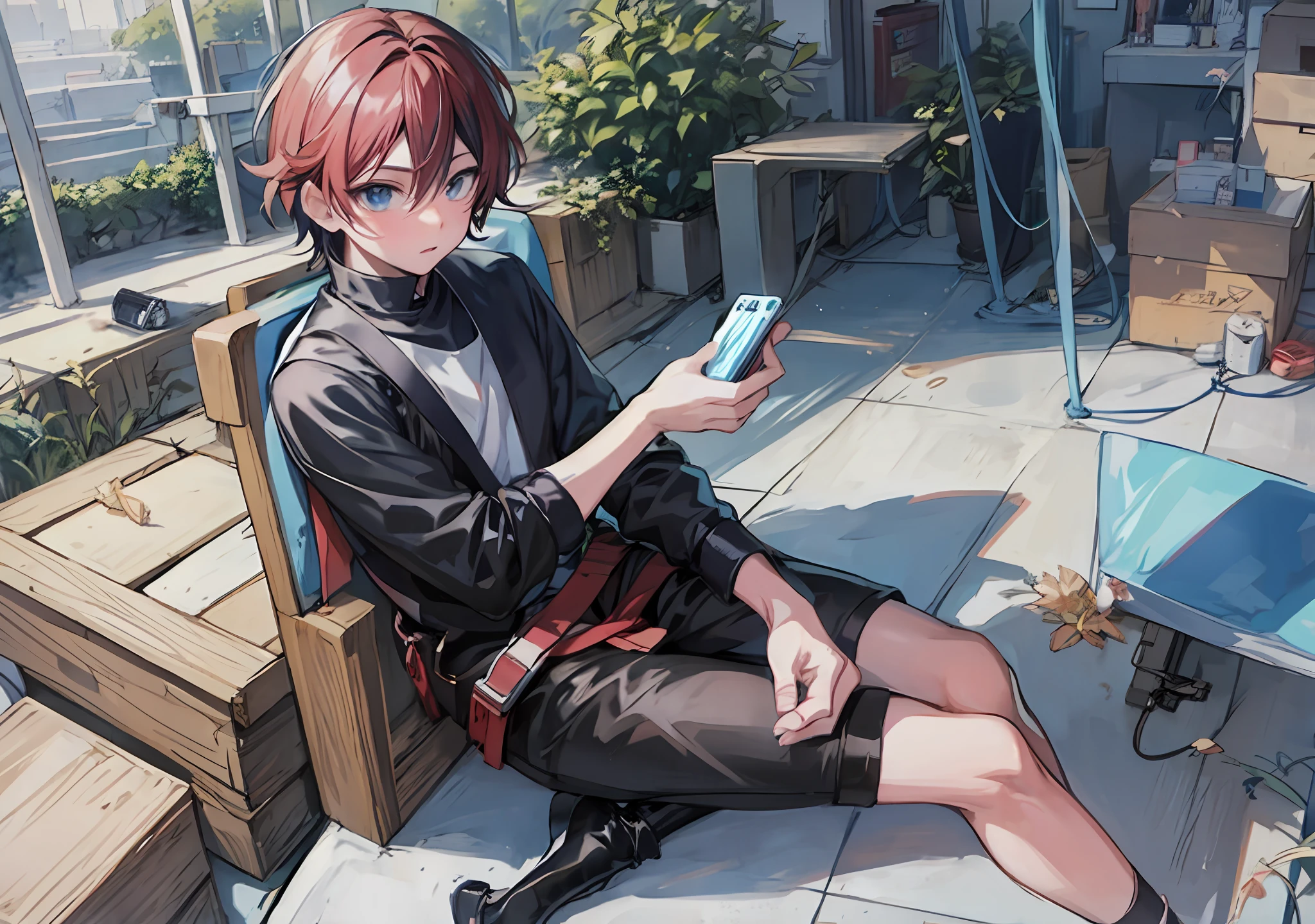 anime boy sitting on a bench holding a cell phone, anime boy, young anime man, 4 k manga wallpaper, digital anime illustration, looking at his phone, anime wallaper, handsome anime pose, male anime style, tall anime guy with blue eyes, high quality anime artstyle, anime lover, anime aesthetic, 2 d anime style, modern anime style