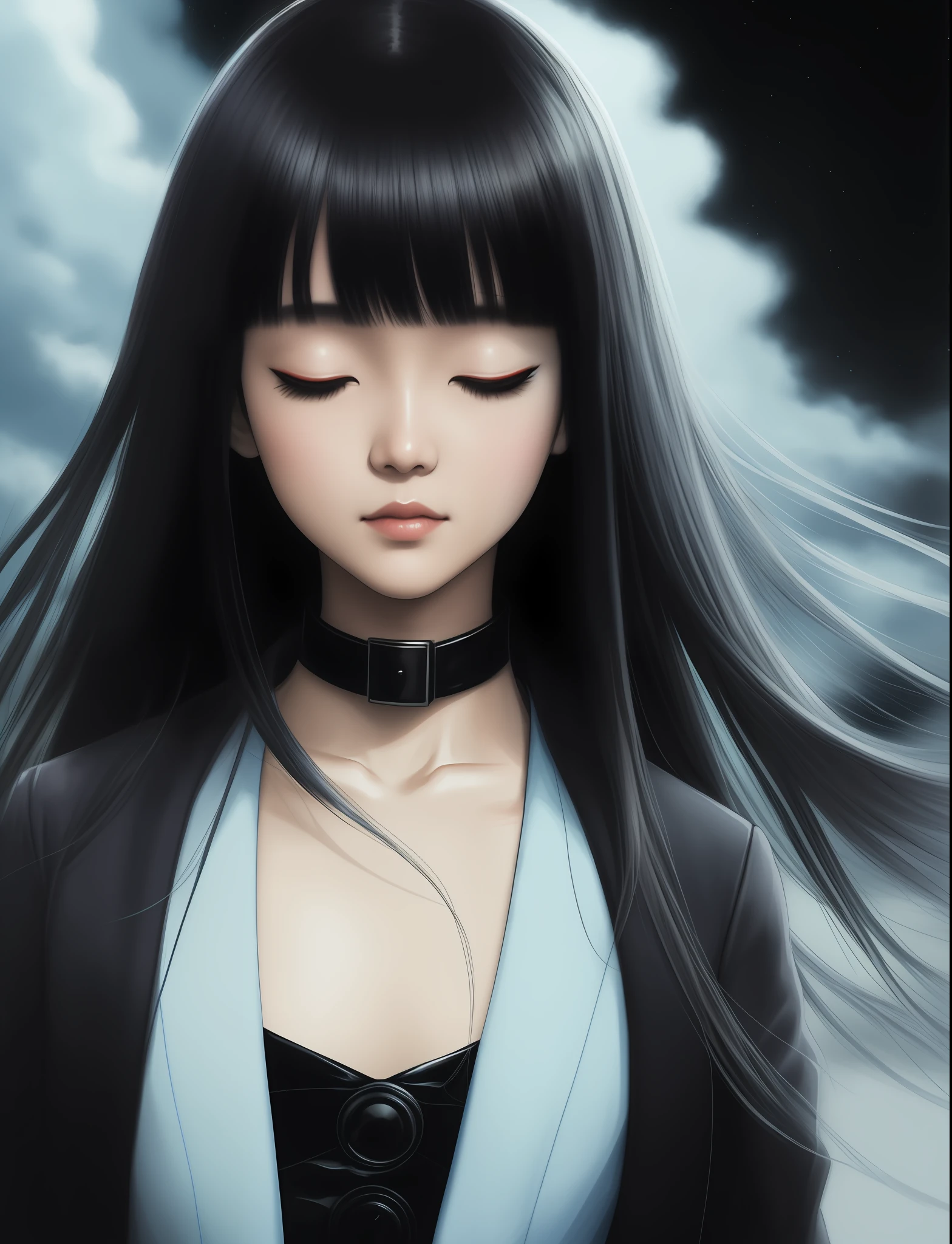 prepubescent, beautifully, full body,, full face shot of rimuru tempest, sky blue straight hair, long bangs, closed eyes, wearing a fancy black jacket, high collar, ultra detailed, brush strokes, digital painting, cinematic, wlop artstation, closeup, pixiv, eerie, scary, haunted, spooky, yoshitaka amano, junji ito,