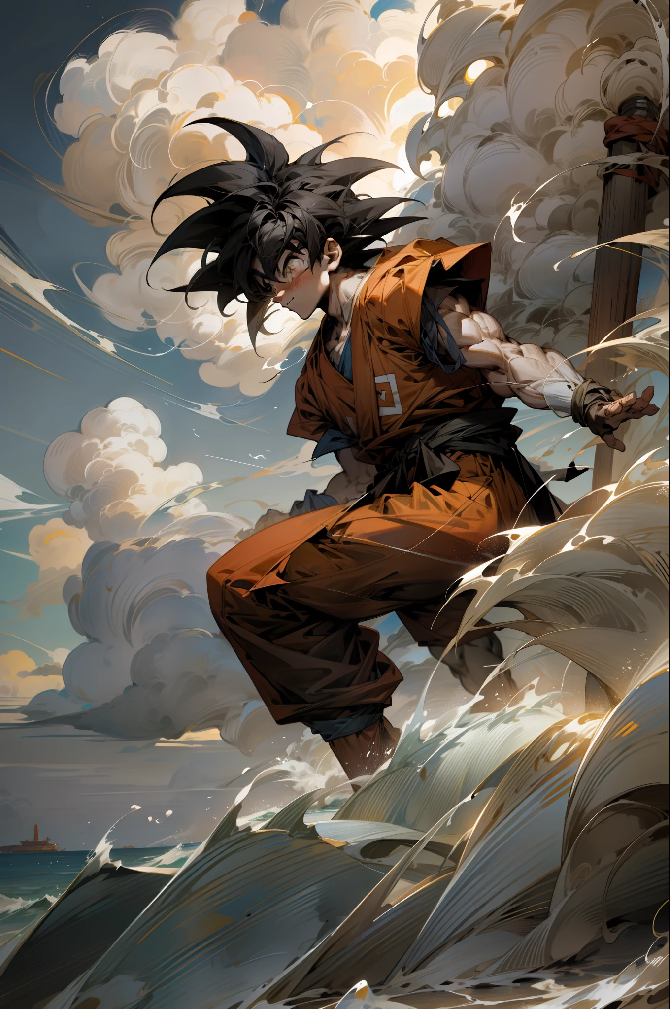 goku, ON THE WAVE OF THE BEACH, WITH BEAUTIFUL CLOUDS AS A BACKDROP, super detailed, professional photography, high quality, masterpiece