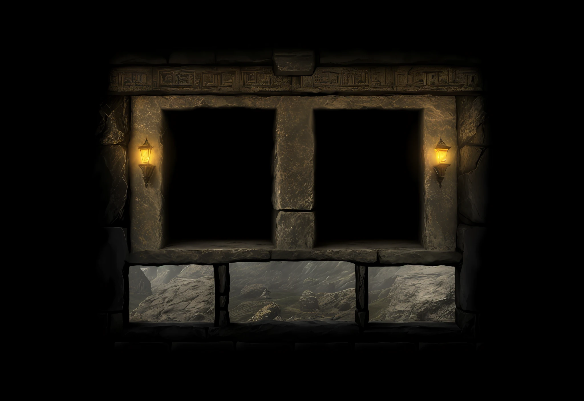 a dimly lit room with two windows and a stone wall, dungeon background, in a dungeon background, loadscreen, dark castle background, dark tomb setting, sewer background, cave background, dark stone walls and pillars, light kingdom backdrop, rpg background, medieval castle background, ancient ruins background, castle background, odin's stone arena background, temple background, complete darkness background --auto --s2