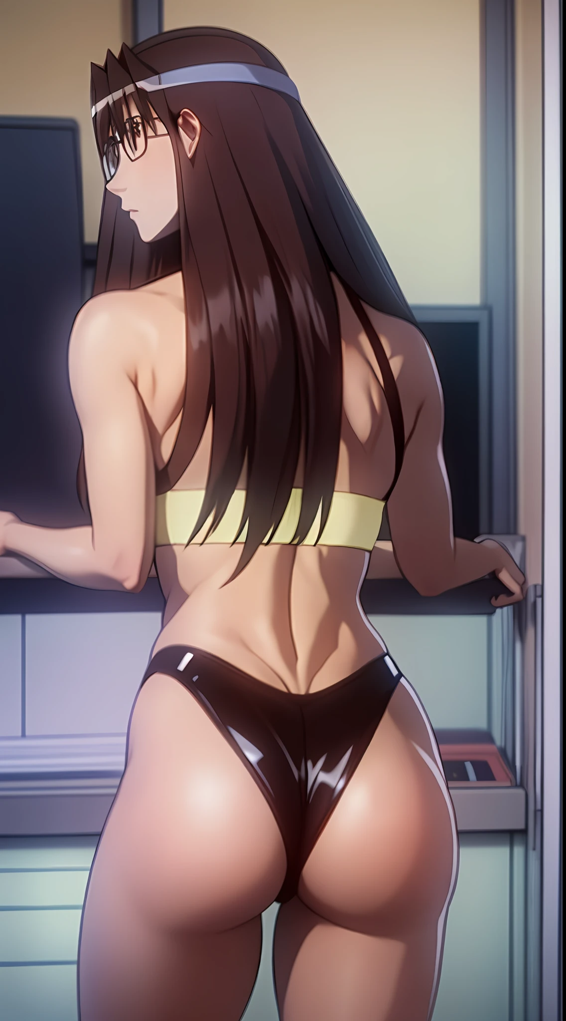 Koyomi Mizuhara, long hair, brunette female with bangs, eyes, glasses, medium size breasts, ass, slender figure, athletic build, thicc plump ass, standing, back of view, changing room, undressed into underwear, trying out thong one piece