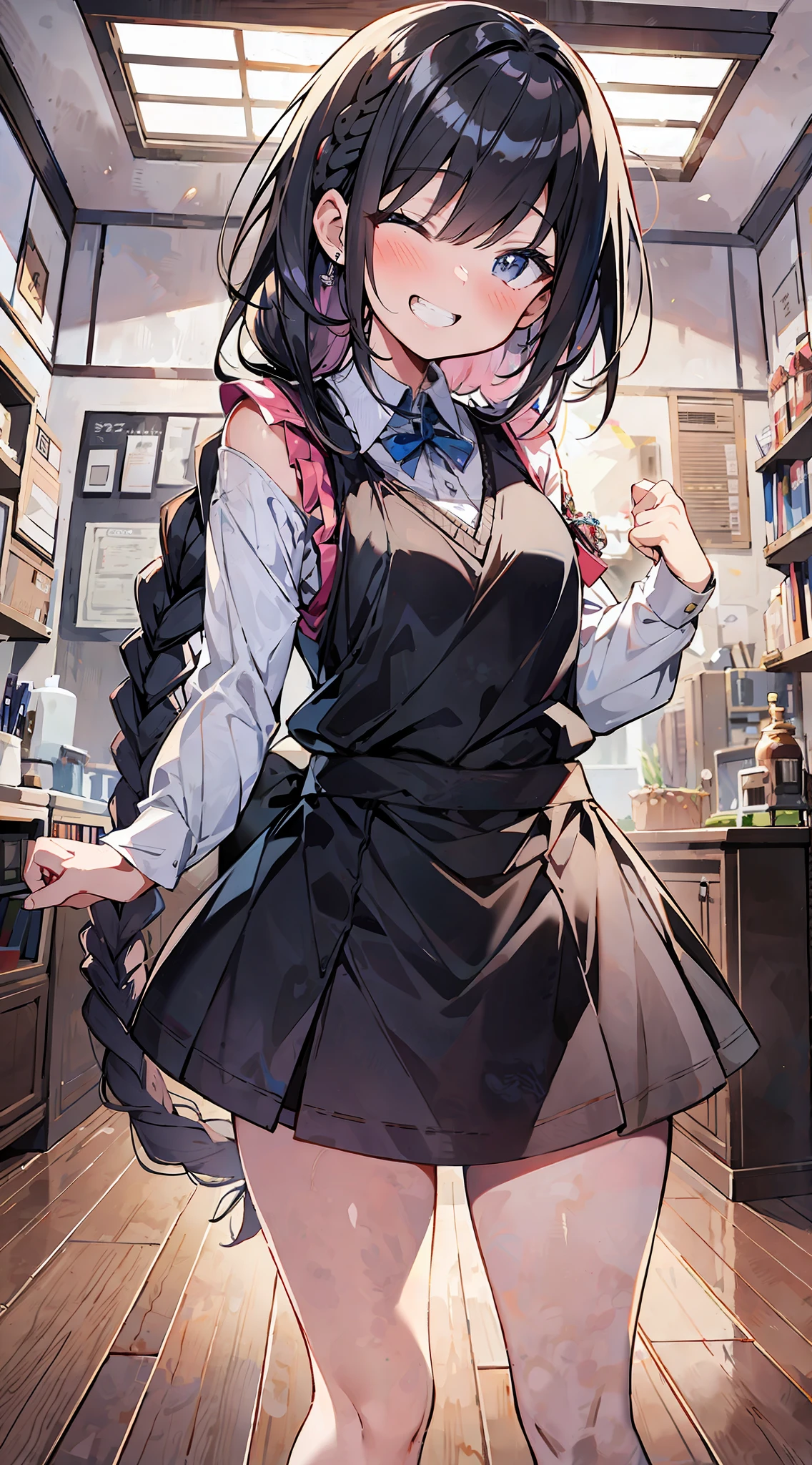 anime girl in a school uniform standing in a room, anime moe artstyle, cute anime waifu in a nice dress, anime visual of a cute girl, beautiful anime high school girl, marin kitagawa fanart, anime girl wearing a black dress, anime style 4 k, young anime girl, anime style illustration, kantai collection style, ??????????? loli