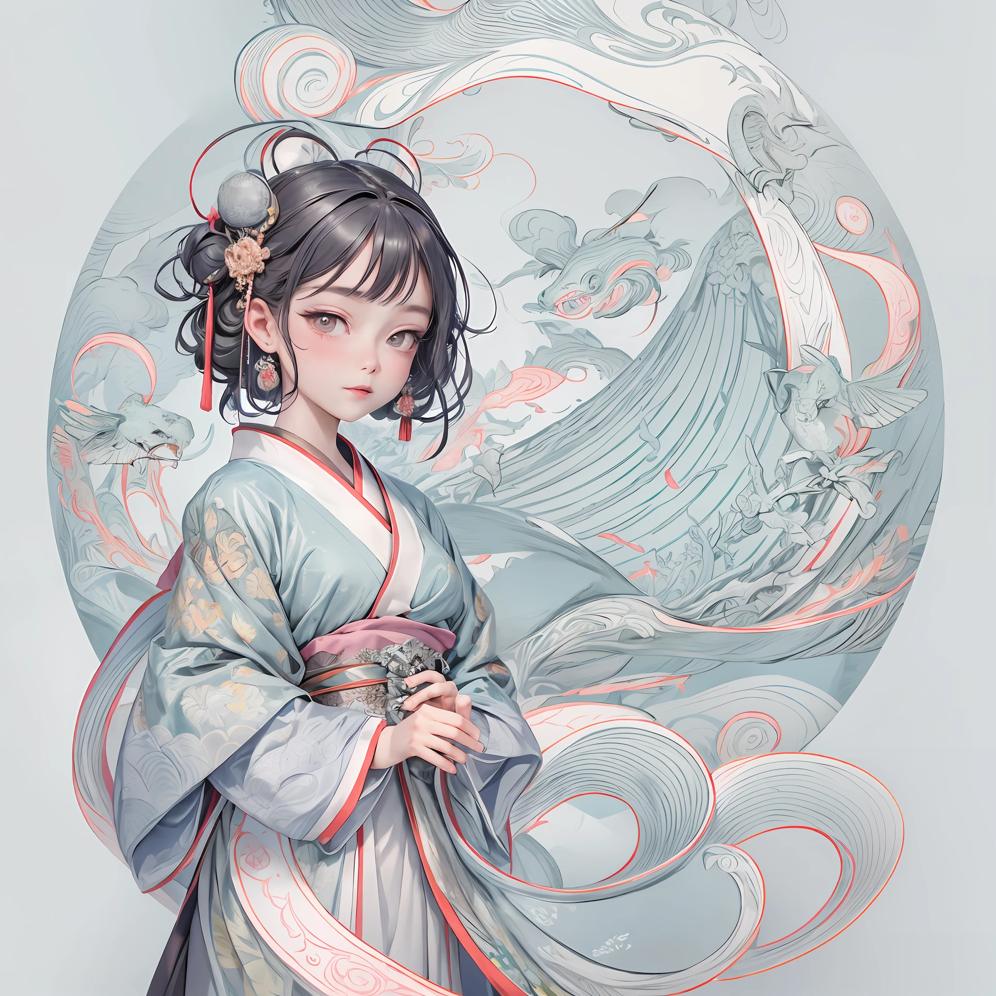 Masterpiece, best quality, official art, 8k wallpaper, very detailed, illustration, 1 girl, black hair, hanfu, clothes with patterns, hat, hair accessories,