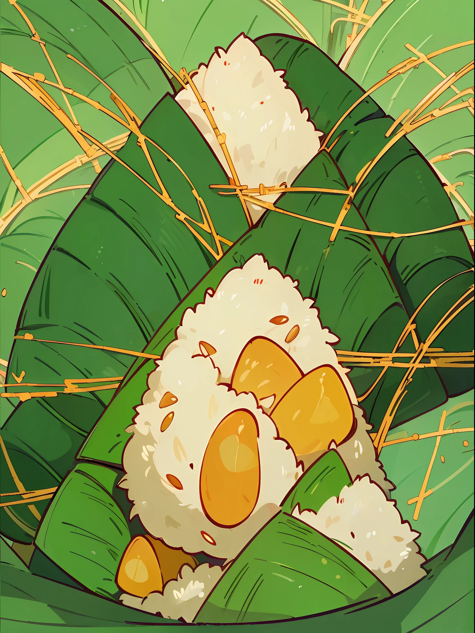 (Chinese triangles food poster), ((triangles food)), (Wrapped glutinous rice with green leaves triangular Zongzi),Food steamer made of bamboo,Express the relationship between objects,Triangular composition,Bright green hue