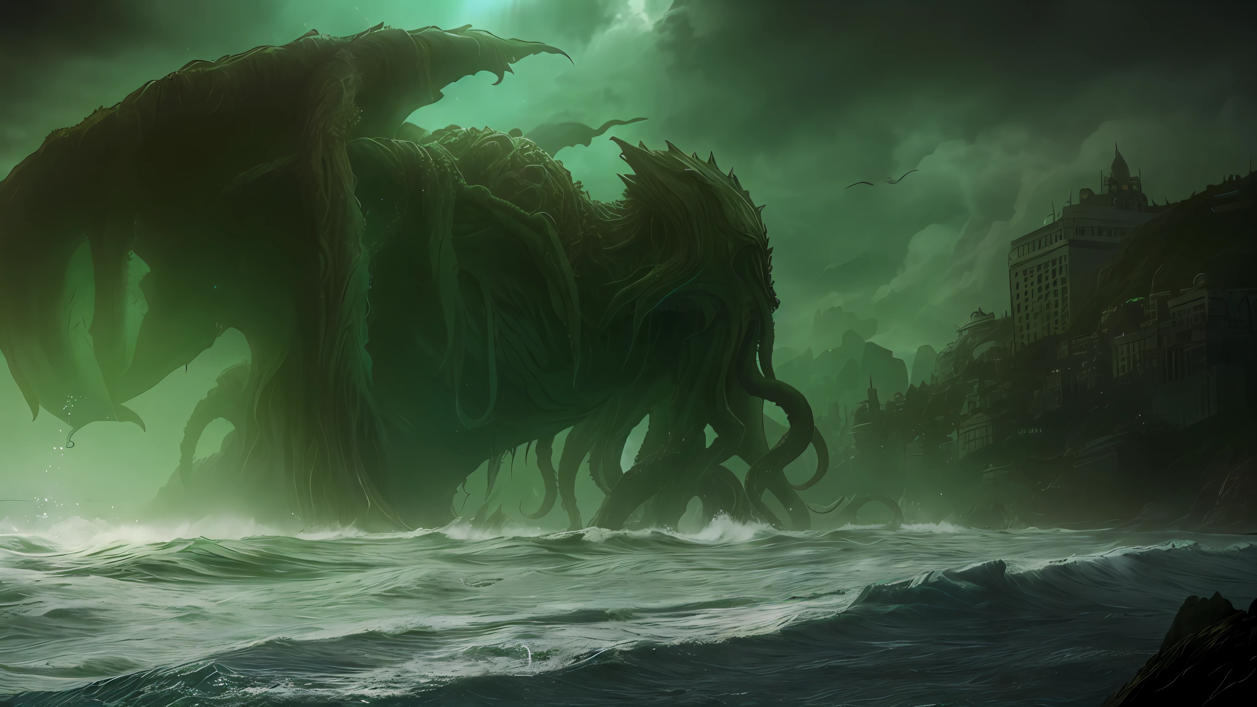 There is a giant creature that is standing in the water, photo of Cthulhu, Cthulhu rising from the ocean, giant Cthulhu, giant Cthulhu, Lovecraftian sea creature, background city Campinas state of São Paulo, futuristic city, cthulho with aurella, halo, no man, high quality, supreme resolution, hyper realistic, solar eclipse in the background