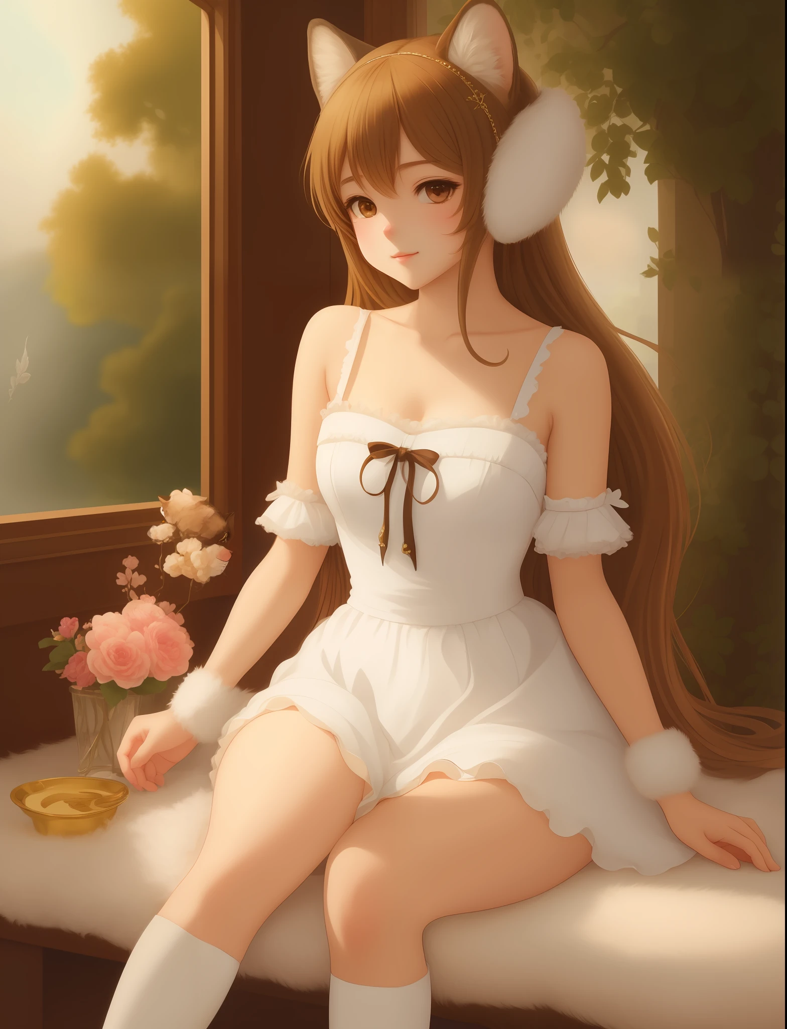 prepubescent, beautifully, full body,, Bian Mu furry animal ear anime two-dimensional original painting delicate celluloid maid exquisite details cute girl masterpiece full composition, rich color, wonderful perspective