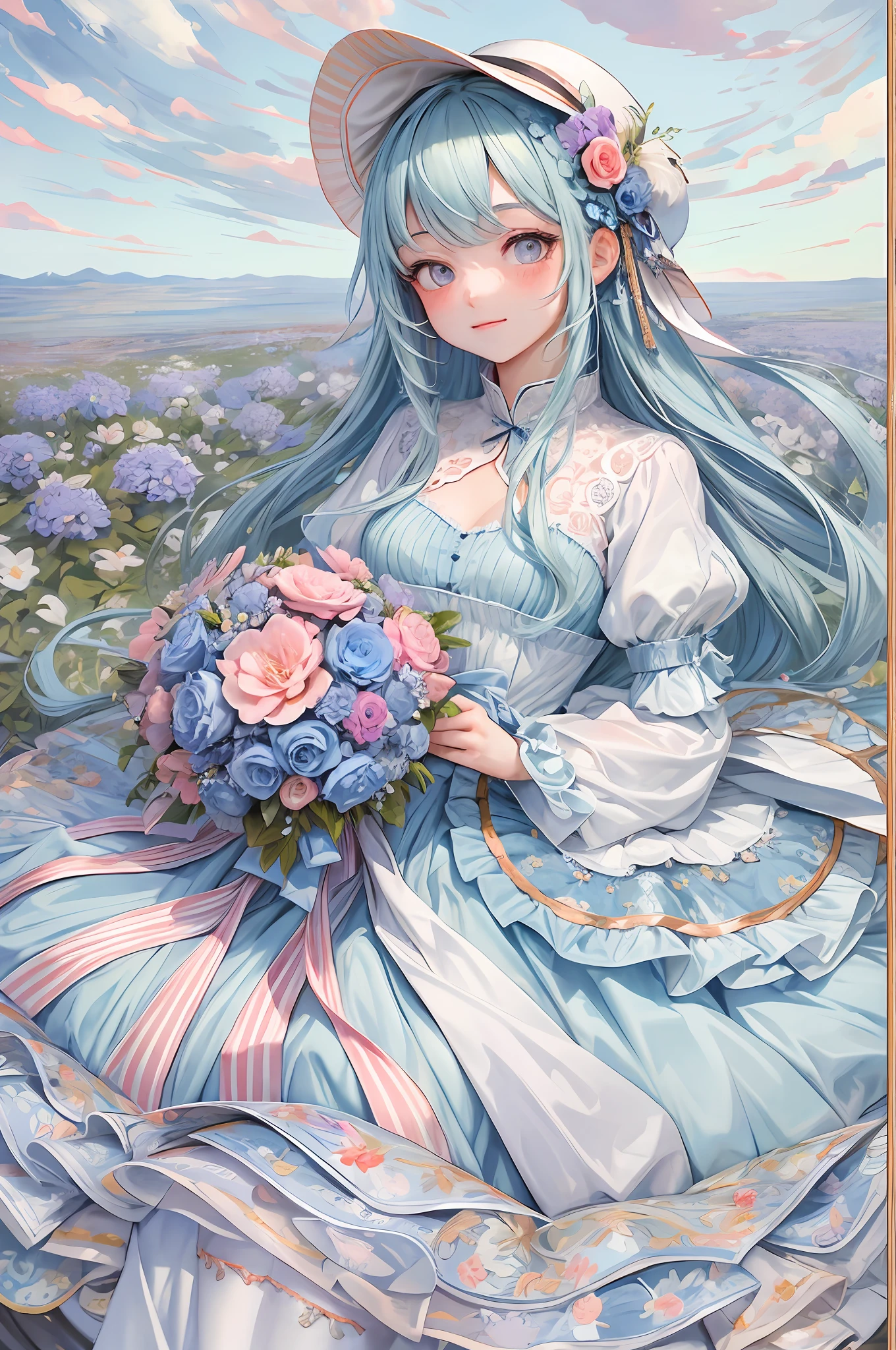 Masterpiece, best quality, official art, 8k wallpaper, very detailed, illustration, 1 girl, sky blue hair, dress, clothes with lace, hat, sea of flowers, blue sky, holding a bouquet of flowers