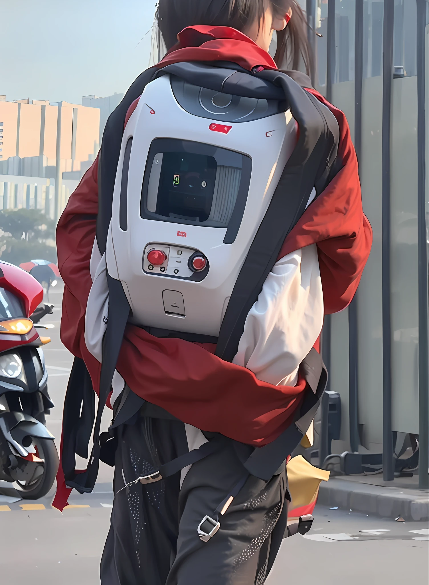 On the streets of China in the 80s, a flesh and blood skeleton robot walking, Kodak film style