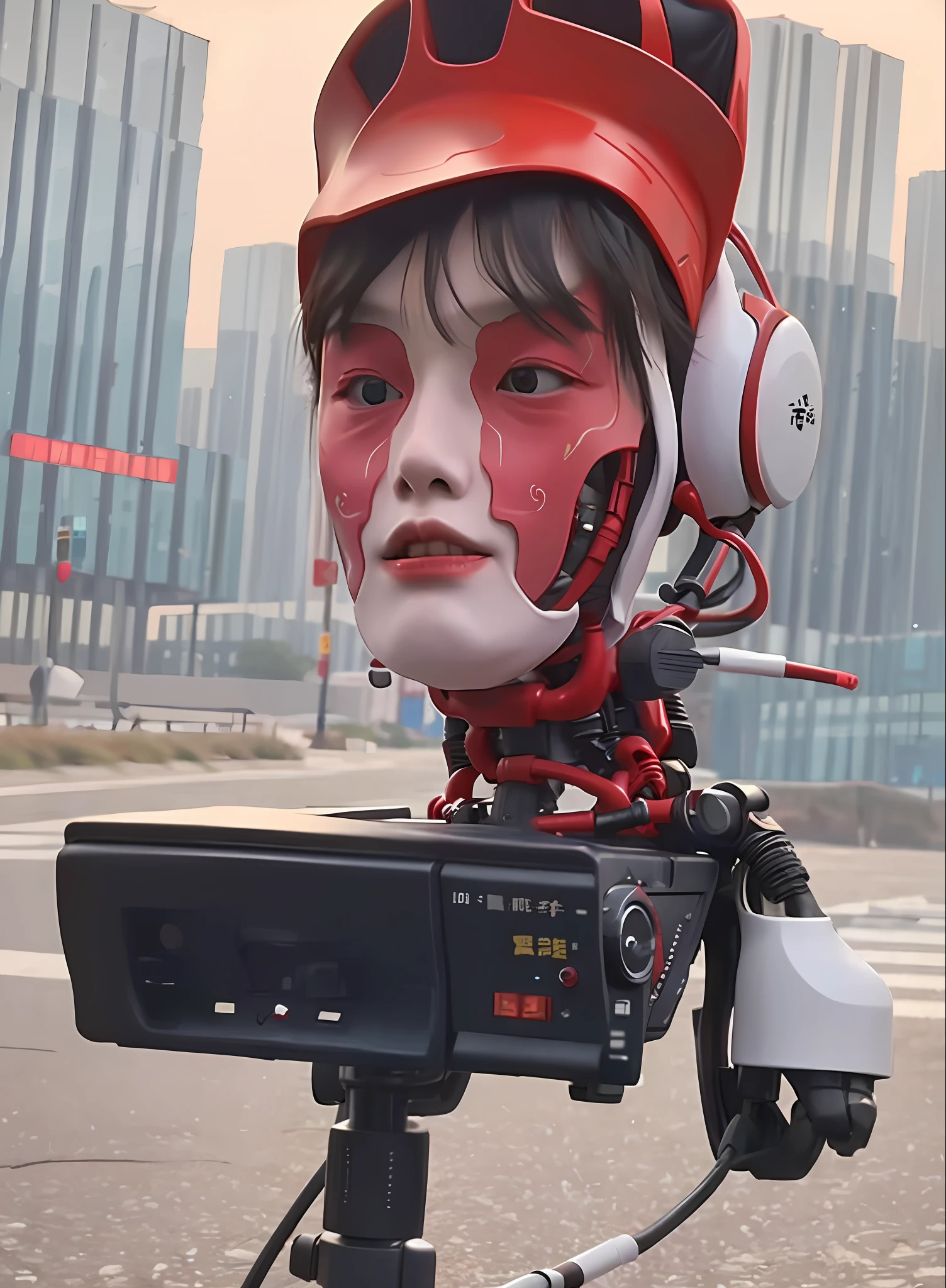 On the streets of China in the 80s, a flesh and blood skeleton robot walking, Kodak film style