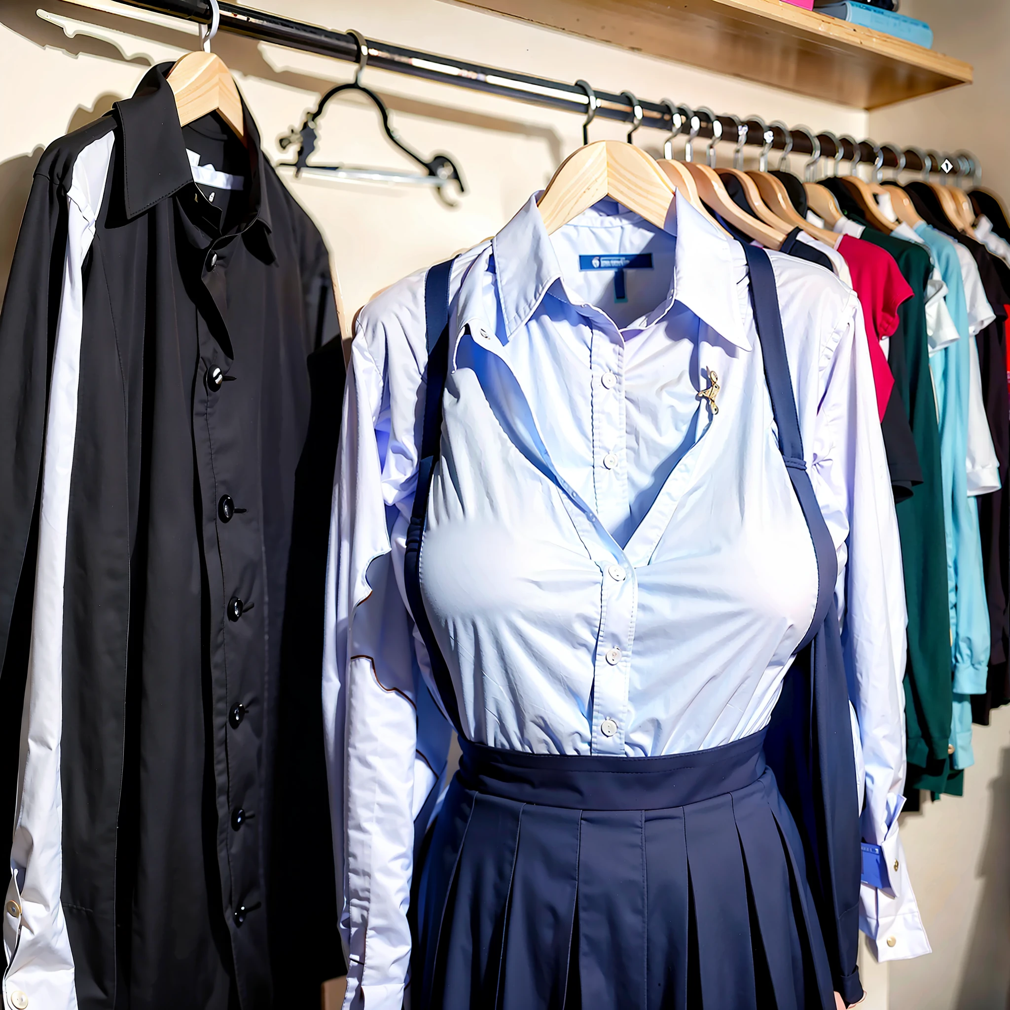 hanger school uniforms in closet raise their sleeves as if invisible girl wear it, school uniforms swells as if possessed by invisible girls, school uniforms have huge breasts, (((((no humans))))), (headless), faceless, invisible girls, from above, (hanger), jk ribbon on the neck, (in closet), armpits, hand on hip, (masterpiece), missing limb, absurdres, invisible, huge breasts