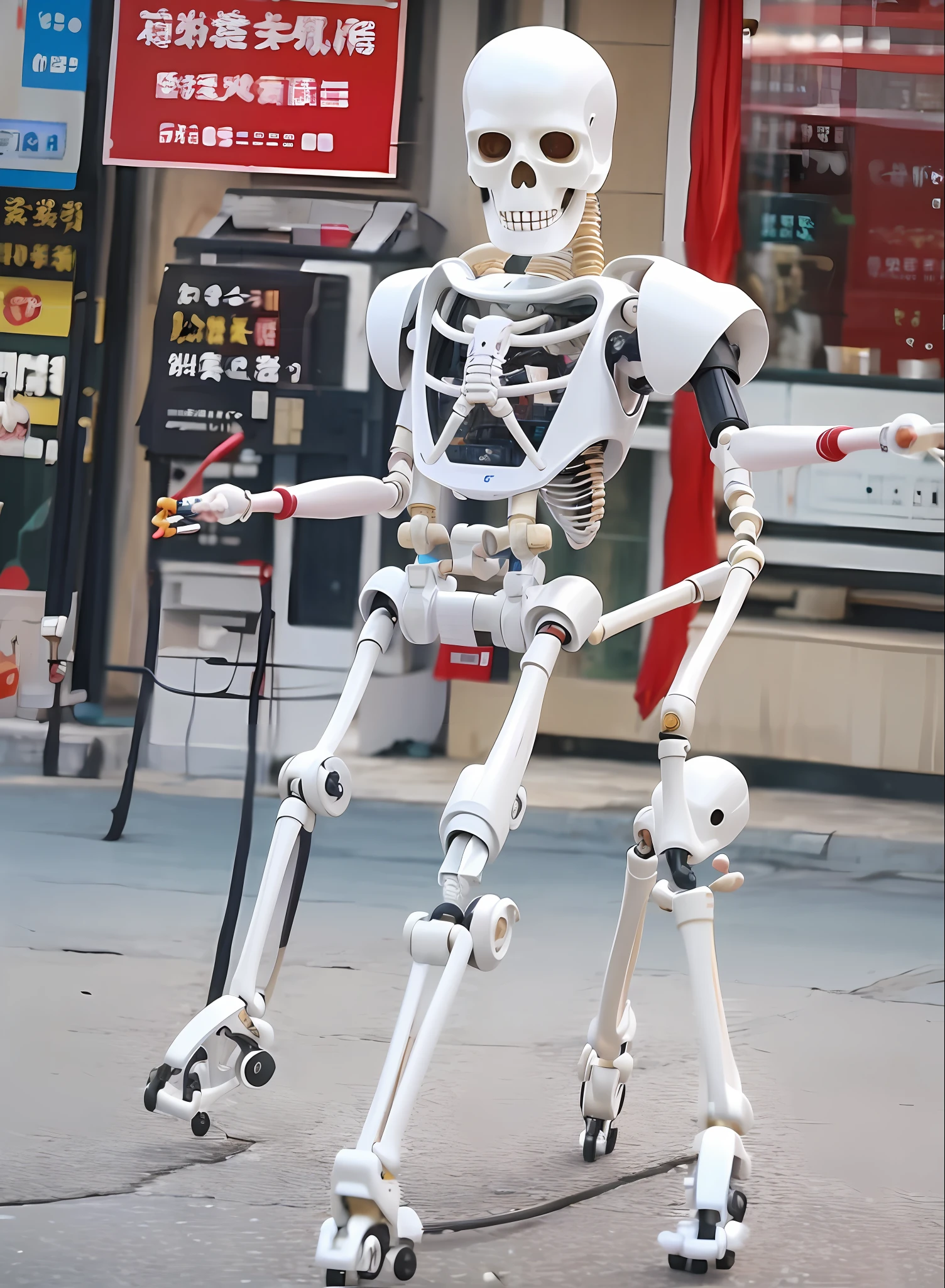 On the streets of China in the 80s, a flesh and blood skeleton robot walking, Kodak film style