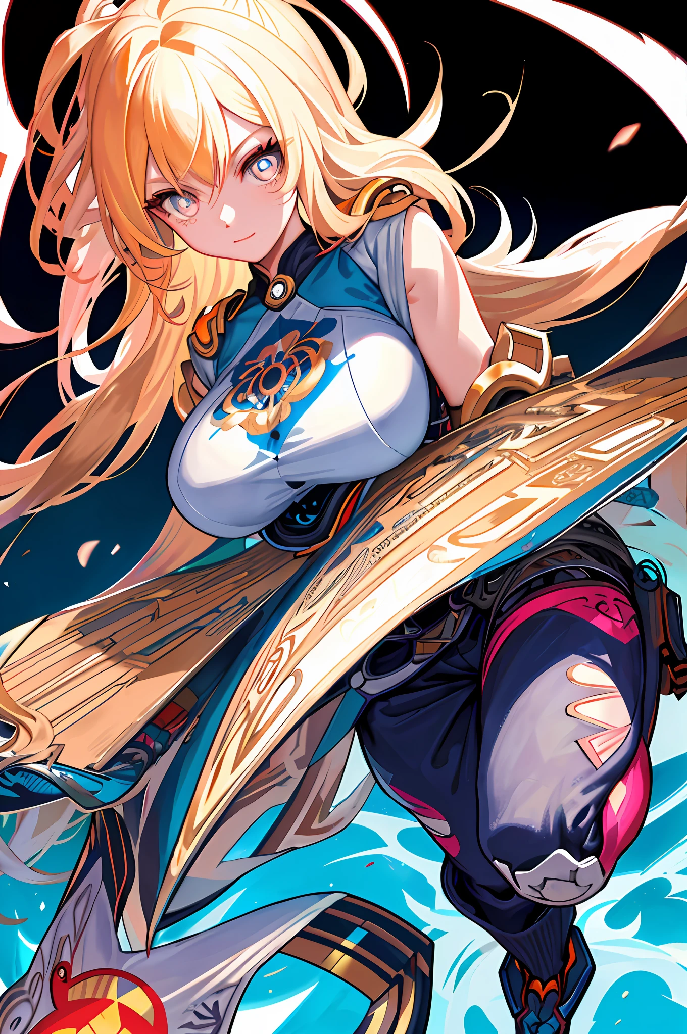 background, mixed-language_text, Japanese letters in graffit, girls, long blonde hair, excellent lighting, sidelighting, perfect ultimate (flat color: 1.3), (magazine_cover: 1.4), (multicolored_background: 1.3), striped_background, card_background, :: comix style by joe madureira :: circular pieces of white metals glued to the ultra detailed arms coming out sparkling shine, perfect and detailed, ultra detailed shirt with abstract design and with Japanese letter print in graffit of the sides of clothing, image of girls with big breast, on top of a futuristic motorcycle, with immersive effects, hover effect, background graffiti style tribal tattoo with flowers and vibrant colors, "ultra HDR" detailed and with focus effect, (masterpiece: 1.2, best quality), (beautiful eyes with huge eyelashes finely detailed: 1.2), , ((Solo)), (Finely detailed eyes and detailed face: 1.3),  in various full-body attack poses, (cute background: 1.2),futuristic costume, super detailed circular metals Clinging to the arms and pants, fantastic paintings
