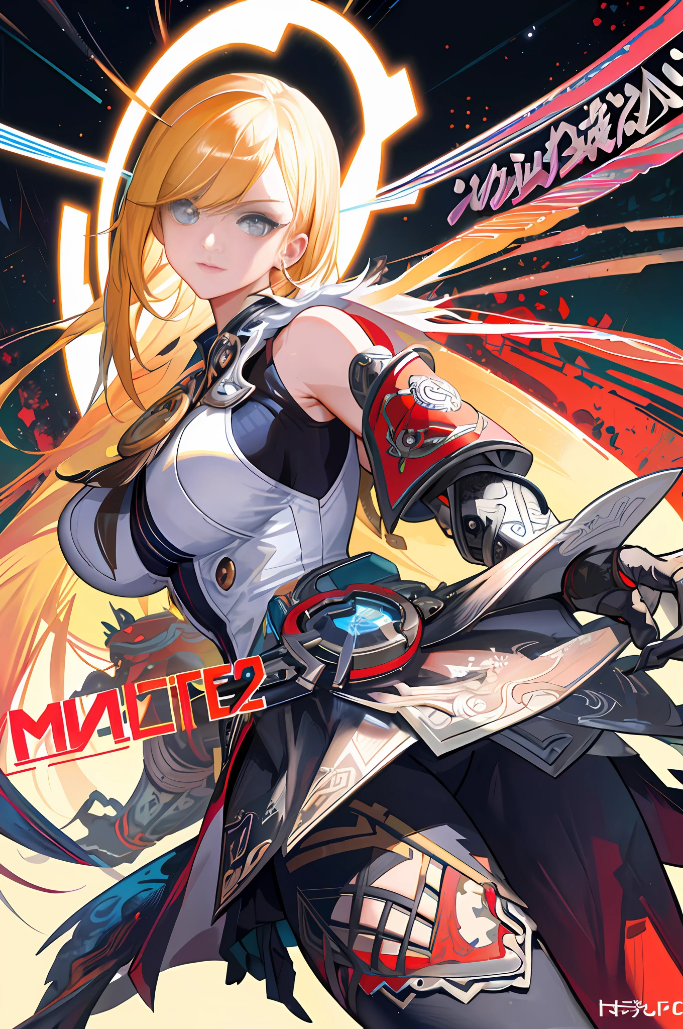 background, mixed-language_text, Japanese letters in graffit, girls, long blonde hair, excellent lighting, sidelighting, perfect ultimate (flat color: 1.3), (magazine_cover: 1.4), (multicolored_background: 1.3), striped_background, card_background, :: comix style by joe madureira :: circular pieces of white metals glued to the ultra detailed arms coming out sparkling shine, perfect and detailed, ultra detailed shirt with abstract design and with Japanese letter print in graffit of the sides of clothing, image of girls with big breast, on top of a futuristic motorcycle, with immersive effects, hover effect, background graffiti style tribal tattoo with flowers and vibrant colors, "ultra HDR" detailed and with focus effect, (masterpiece: 1.2, best quality), (beautiful eyes with huge eyelashes finely detailed: 1.2), , ((Solo)), (Finely detailed eyes and detailed face: 1.3),  in various full-body attack poses, (cute background: 1.2),futuristic costume, super detailed circular metals Clinging to the arms and pants, fantastic paintings
