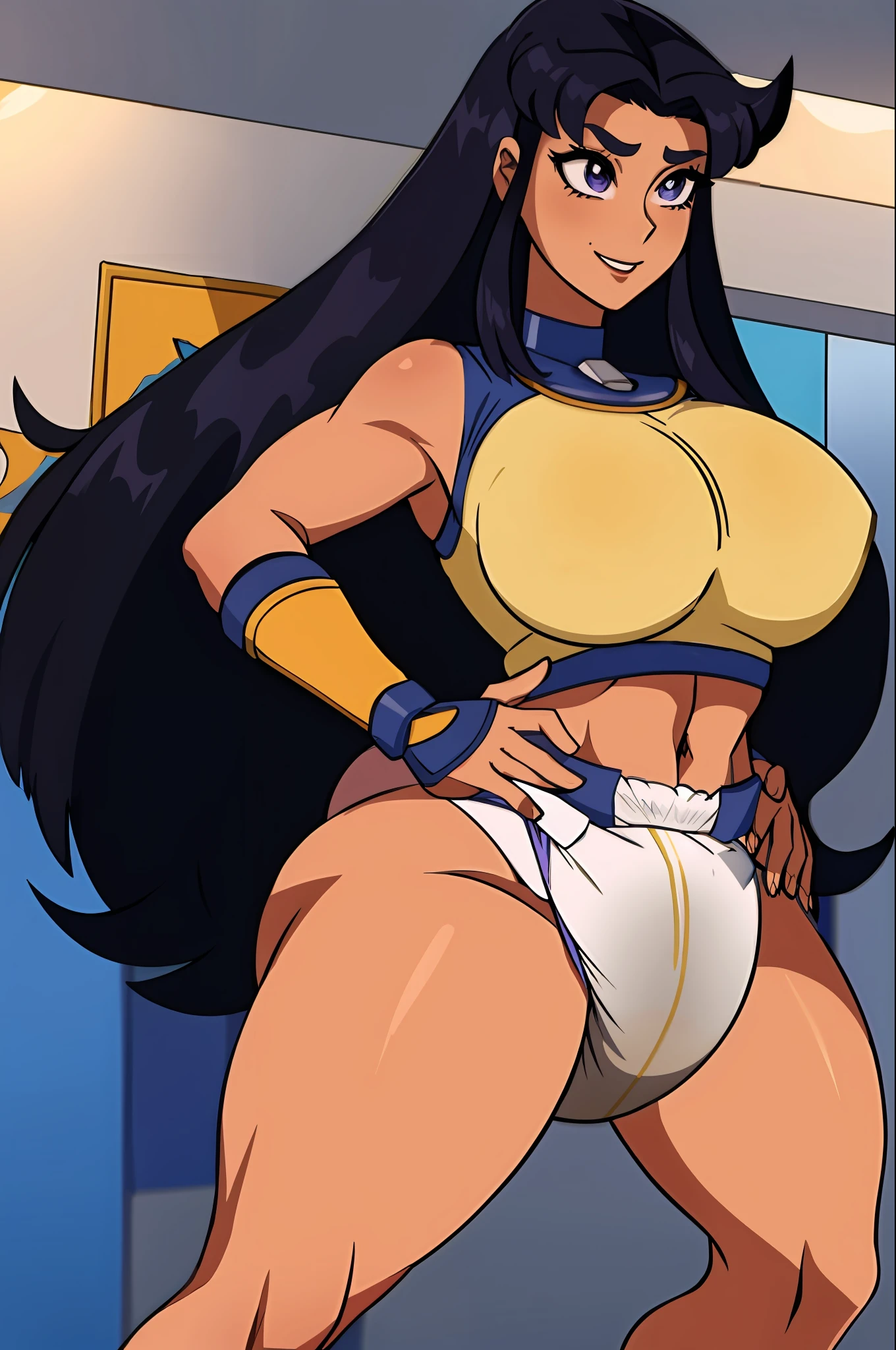 beautiful, (masterpiece:1.2), (best quality:1.2), perfect eyes, perfect face, perfect lighting, 1girl, armor, breasts, cropped legs, curvy, bodysuit, diaper, black leggings, bracers, dark-skinned female, dark skin, gorget, hand on hip, huge breasts, long hair, makeup, black hair, purple hair, sidelocks, smile, solo, thick thighs,