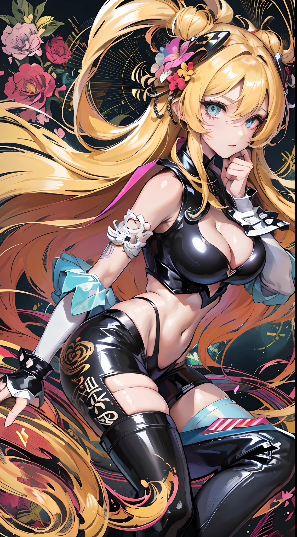 background, mixed-language_text, Japanese letters in graffit, girls, long blonde hair, excellent lighting, sidelighting, perfect ultimate (flat color: 1.3), (magazine_cover: 1.4), (multicolored_background: 1.3), striped_background, card_background, :: comix style by joe madureira :: circular pieces of white metals glued to the ultra detailed arms coming out sparkling shine, perfect and detailed, ultra detailed shirt with abstract design and with Japanese letter print in graffit of the sides of clothing, image of girls with big breast, on top of a futuristic motorcycle, with immersive effects, hover effect, background graffiti style tribal tattoo with flowers and vibrant colors, "ultra HDR" detailed and with focus effect, (masterpiece: 1.2, best quality), (beautiful eyes with huge eyelashes finely detailed: 1.2), , ((Solo)), (Finely detailed eyes and detailed face: 1.3),  in various full-body attack poses, (cute background: 1.2),futuristic costume, super detailed circular metals Clinging to the arms and pants, fantastic paintings
