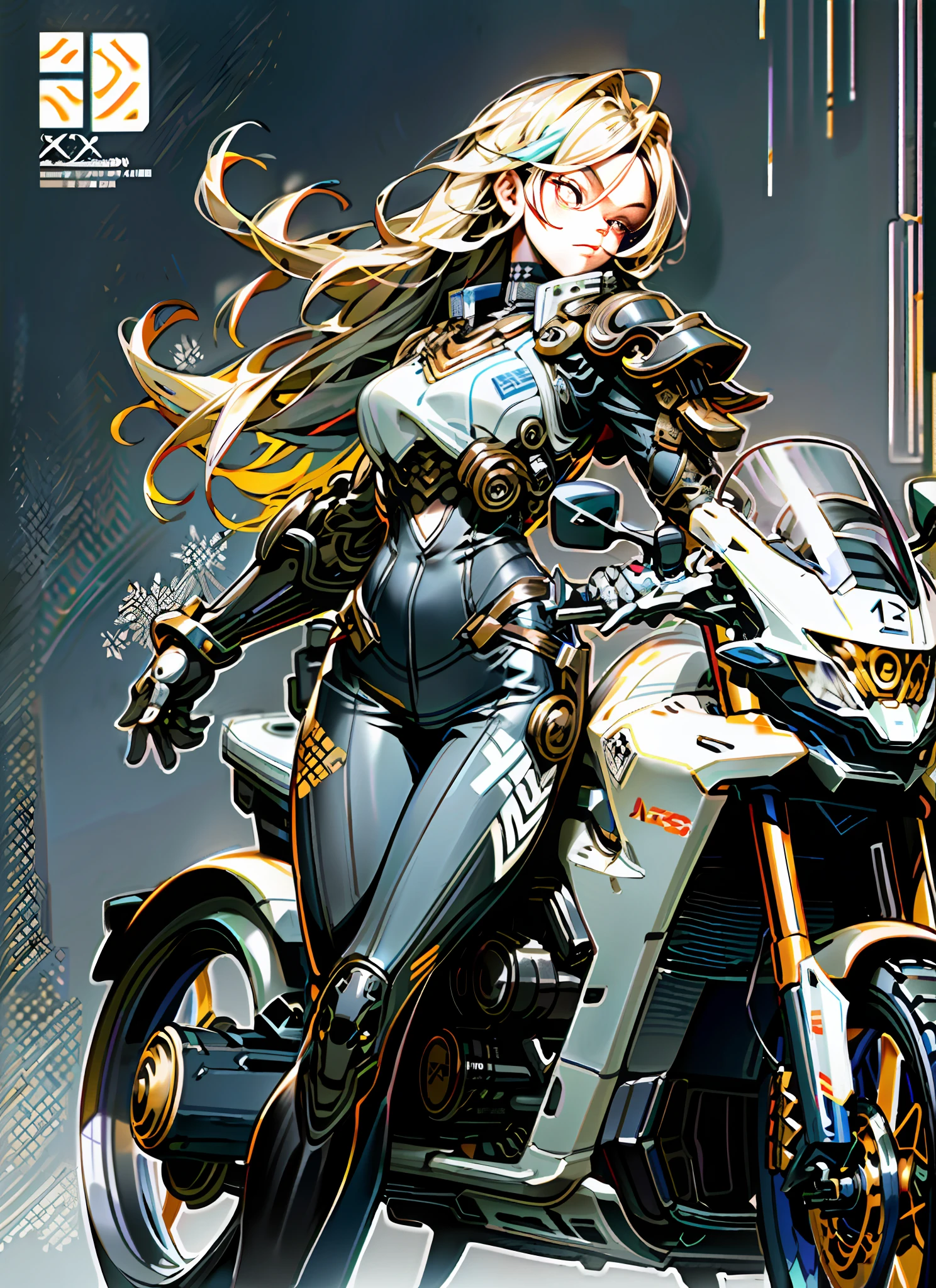 background, mixed-language_text, Japanese letters in graffit, girls, long blonde hair, excellent lighting, sidelighting, perfect ultimate (flat color: 1.3), (magazine_cover: 1.4), (multicolored_background: 1.3), striped_background, card_background, :: comix style by joe madureira :: circular pieces of white metals glued to the ultra detailed arms coming out sparkling shine, perfect and detailed, ultra detailed shirt with abstract design and with Japanese letter print in graffit of the sides of clothing, image of girls with big breast, on top of a futuristic motorcycle, with immersive effects, hover effect, background graffiti style tribal tattoo with flowers and vibrant colors, "ultra HDR" detailed and with focus effect, (masterpiece: 1.2, best quality), (beautiful eyes with huge eyelashes finely detailed: 1.2), , ((Solo)), (Finely detailed eyes and detailed face: 1.3),  in various full-body attack poses, (cute background: 1.2),futuristic costume, super detailed circular metals Clinging to the arms and pants, fantastic paintings